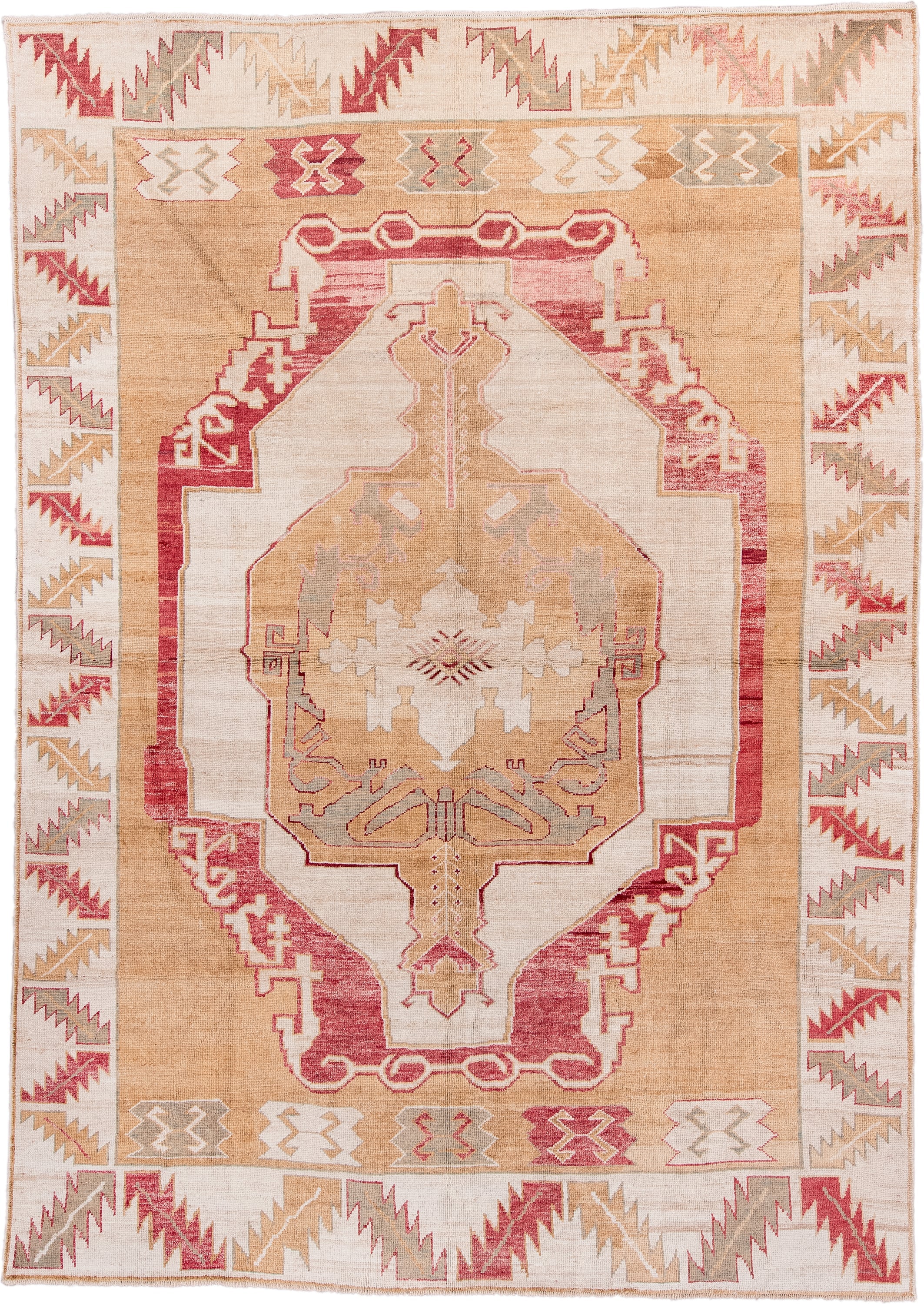 9' x 13' one-of-a-kind handmade vintage Kars large size rug. Color palette: camel, ivory, rose, taupe, sage, beige, pink
