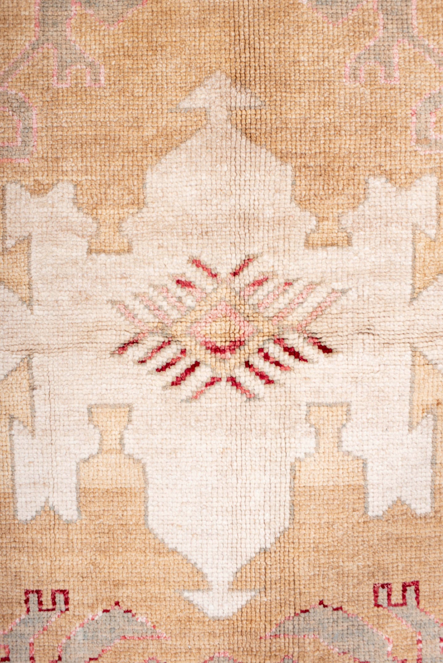 9' x 13' one-of-a-kind handmade vintage Kars large size rug. Color palette: camel, ivory, rose, taupe, sage, beige, pink