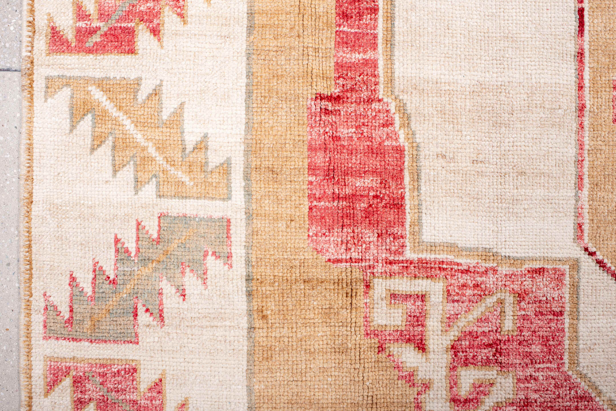 9' x 13' one-of-a-kind handmade vintage Kars large size rug. Color palette: camel, ivory, rose, taupe, sage, beige, pink