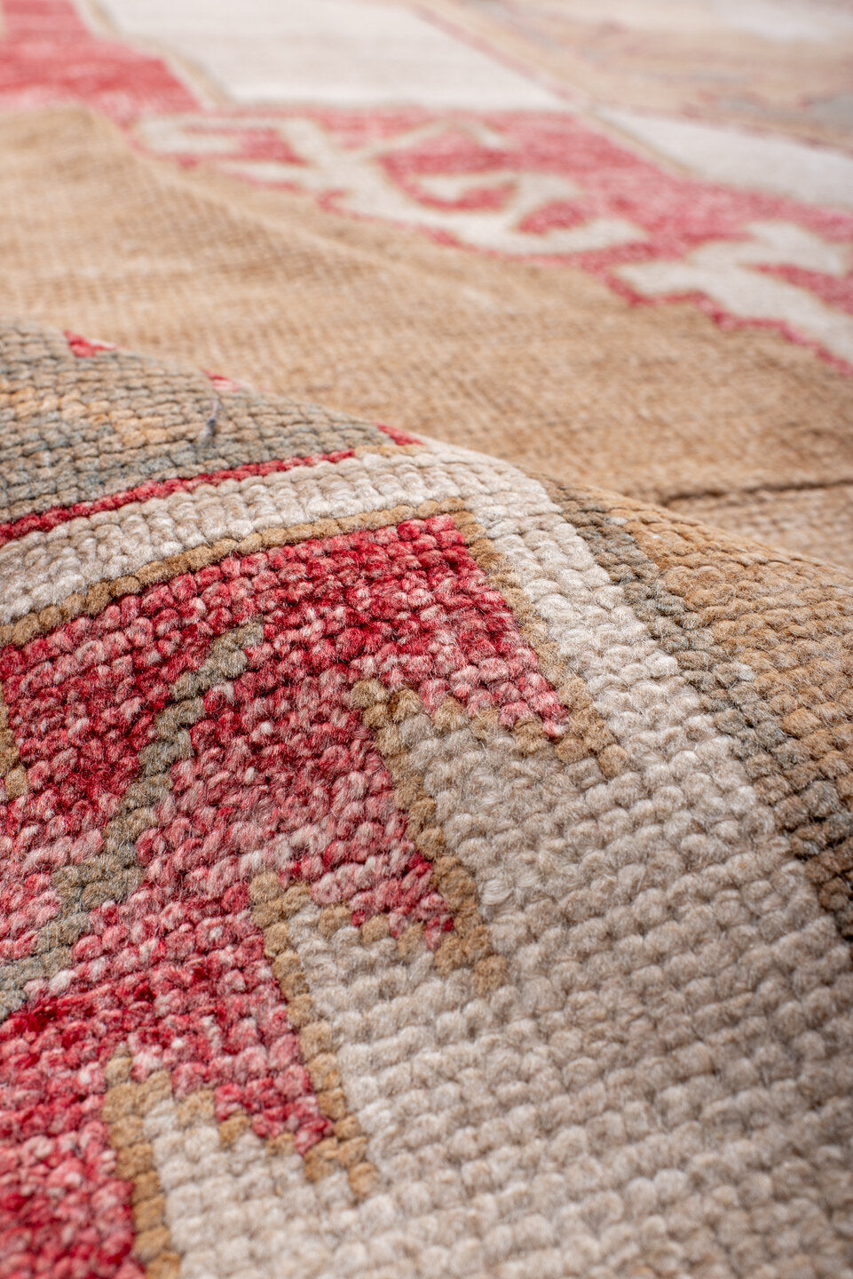 9' x 13' one-of-a-kind handmade vintage Kars large size rug. Color palette: camel, ivory, rose, taupe, sage, beige, pink