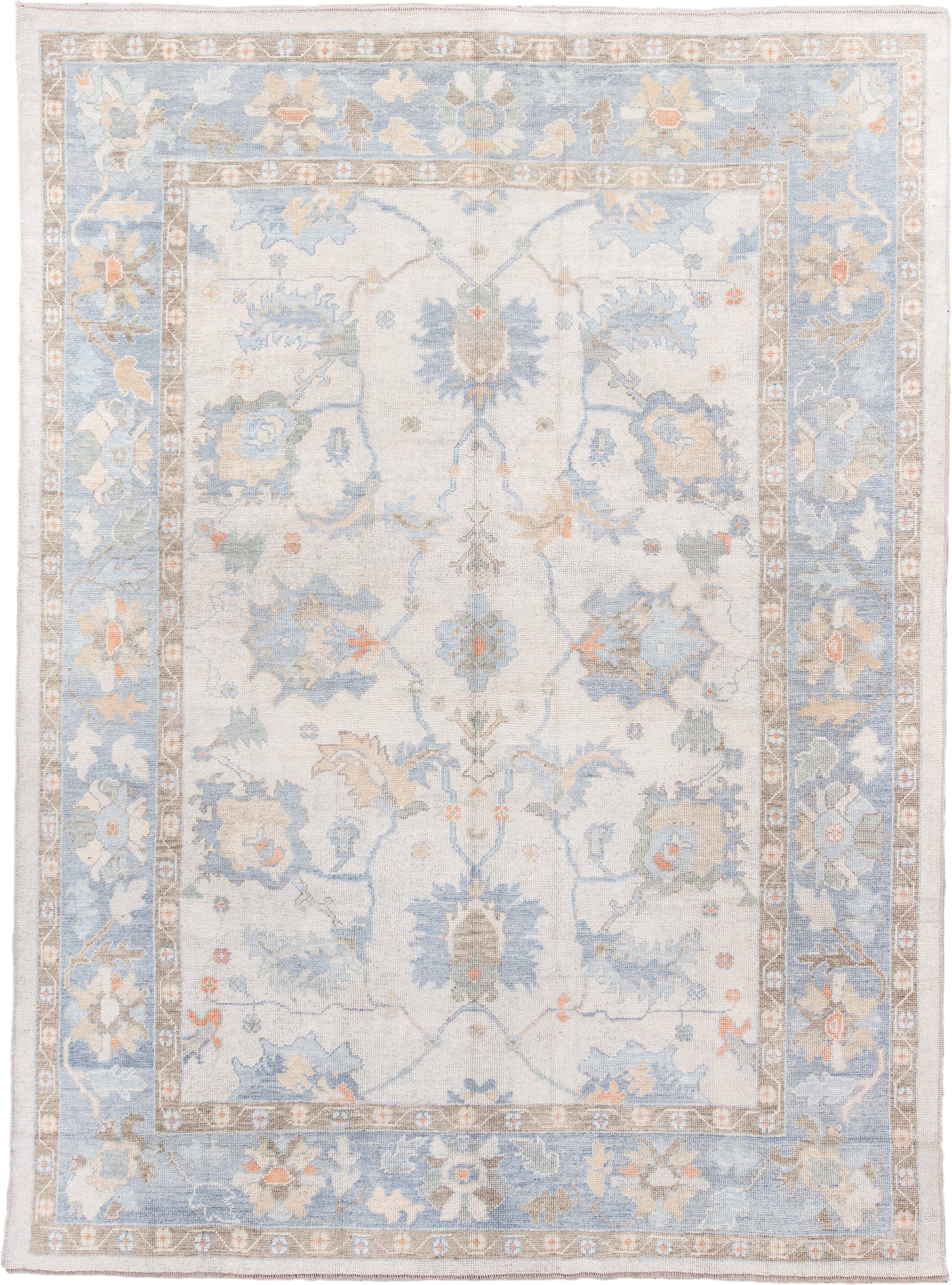 8' x 11' one-of-a-kind handmade vintage Oushak large size rug. Color palette: ivory, powder blue, taupe, soft peach, cream