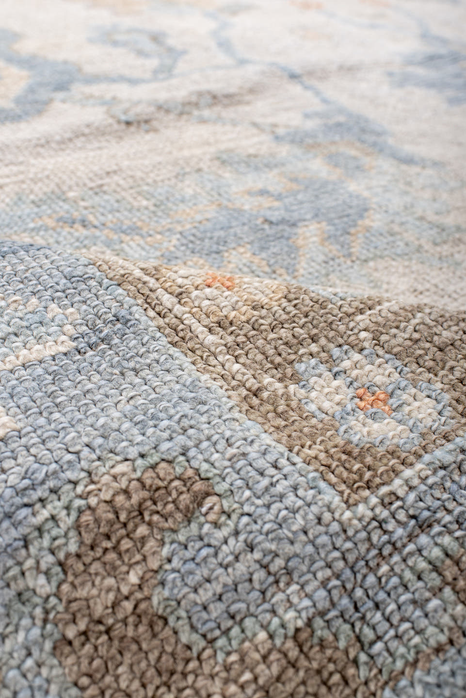 8' x 11' one-of-a-kind handmade vintage Oushak large size rug. Color palette: ivory, powder blue, taupe, soft peach, cream