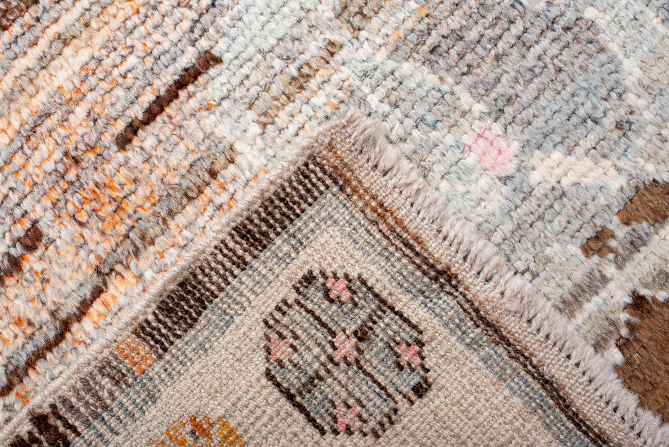 10' x 13' one-of-a-kind handmade vintage Kars large size rug. Color palette: ivory, brown, taupe, camel, pale blue, lavender