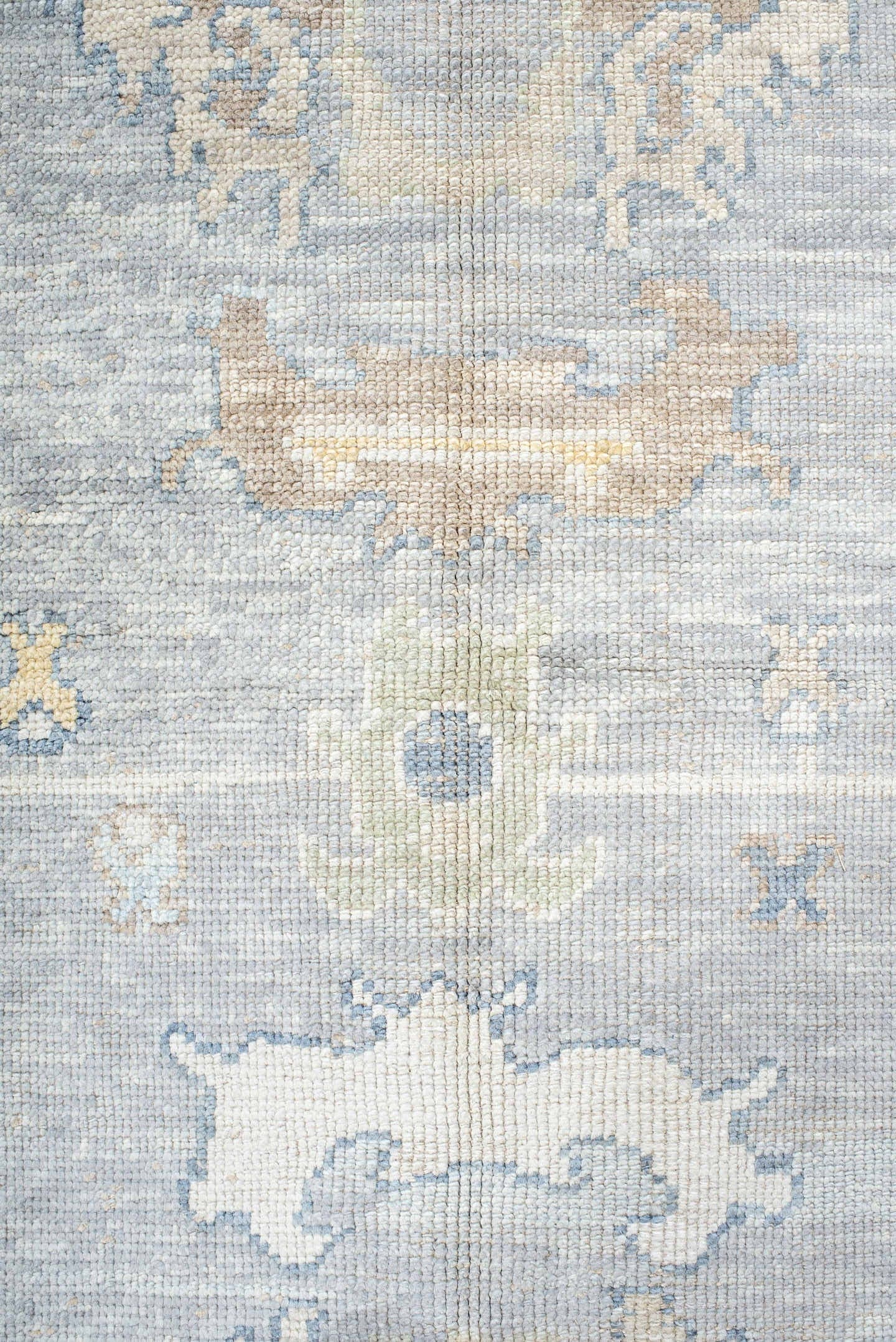 13' x 18' one-of-a-kind handmade vintage Oushak oversize rug. Color palette: pale blue, ivory, taupe, beige, gold