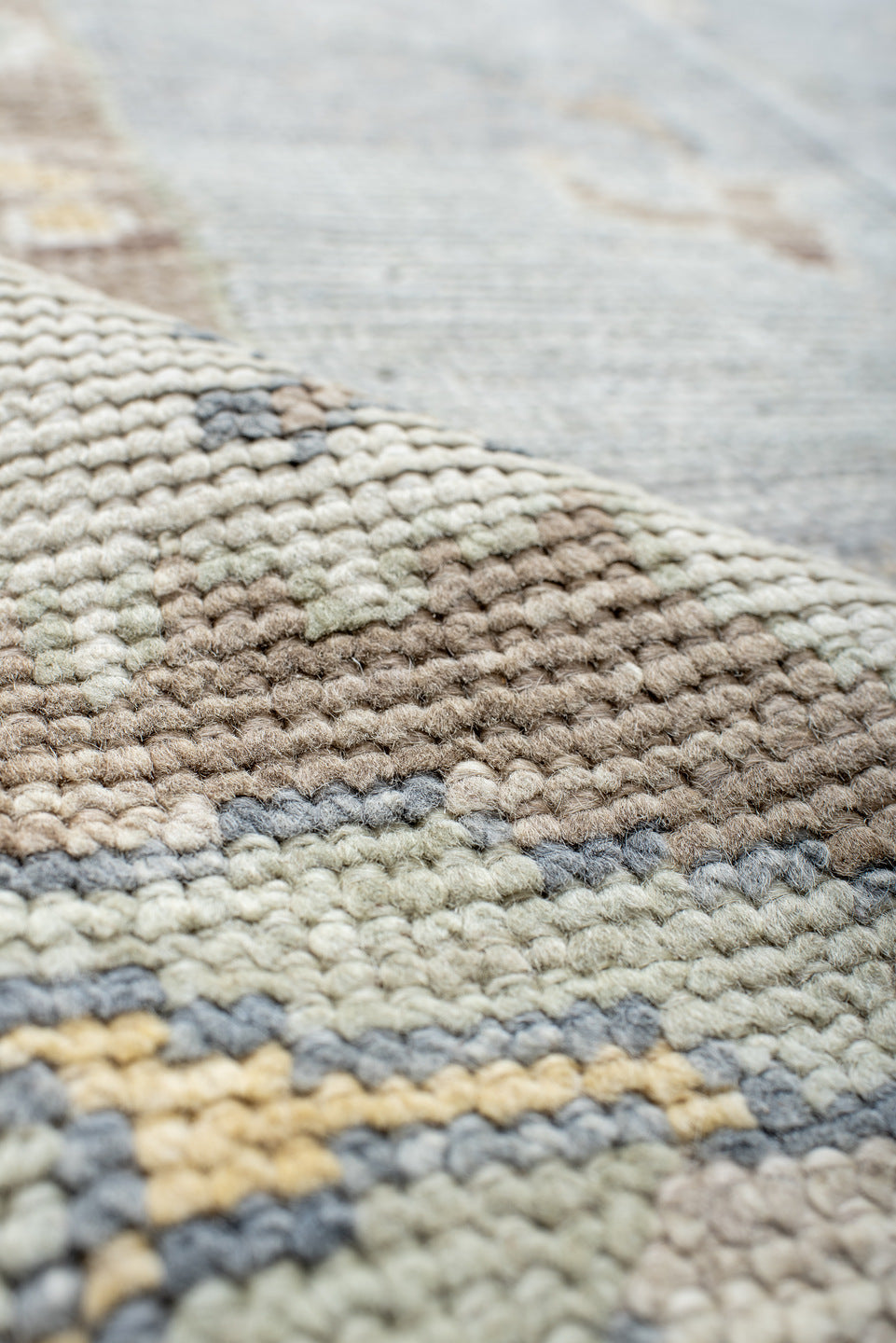 13' x 18' one-of-a-kind handmade vintage Oushak oversize rug. Color palette: pale blue, ivory, taupe, beige, gold