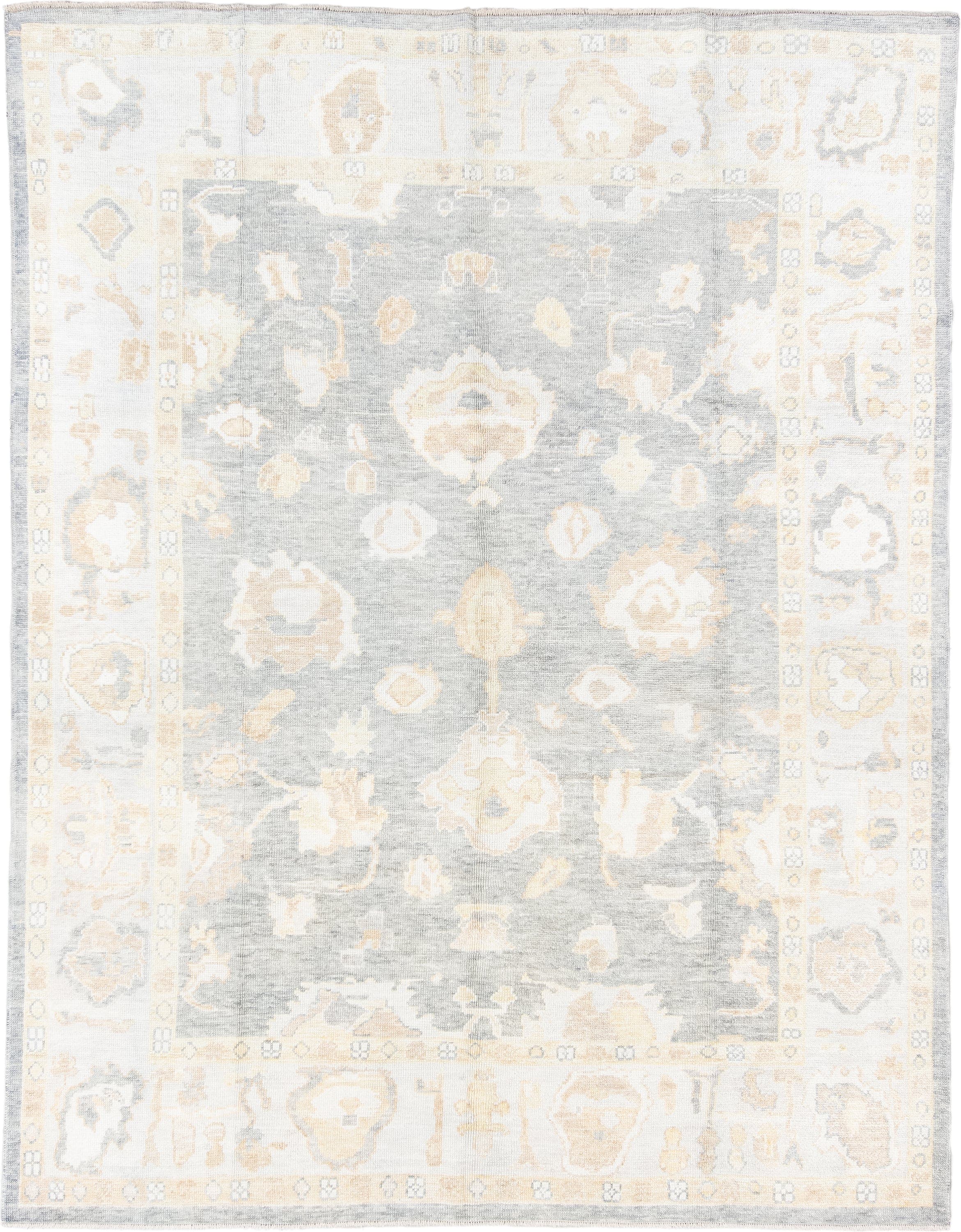 8' x 11' one-of-a-kind handmade vintage Oushak large size rug. Color palette: ivory, pale blue, cream, beige, taupe
