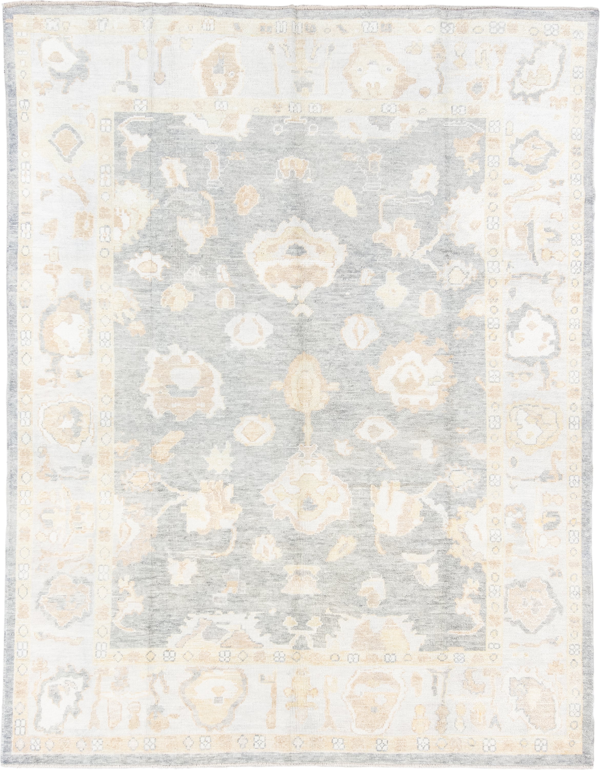 8' x 11' one-of-a-kind handmade vintage Oushak large size rug. Color palette: ivory, pale blue, cream, beige, taupe