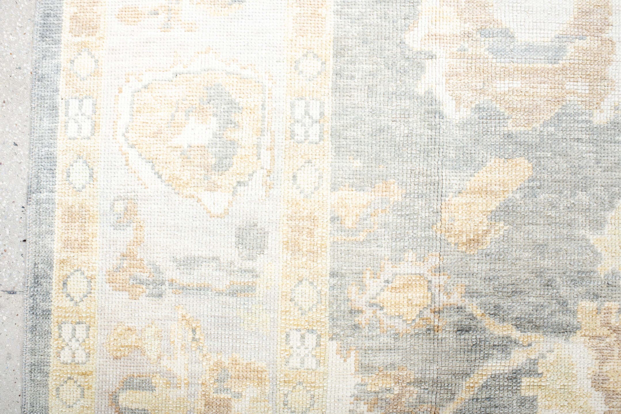 8' x 11' one-of-a-kind handmade vintage Oushak large size rug. Color palette: ivory, pale blue, cream, beige, taupe
