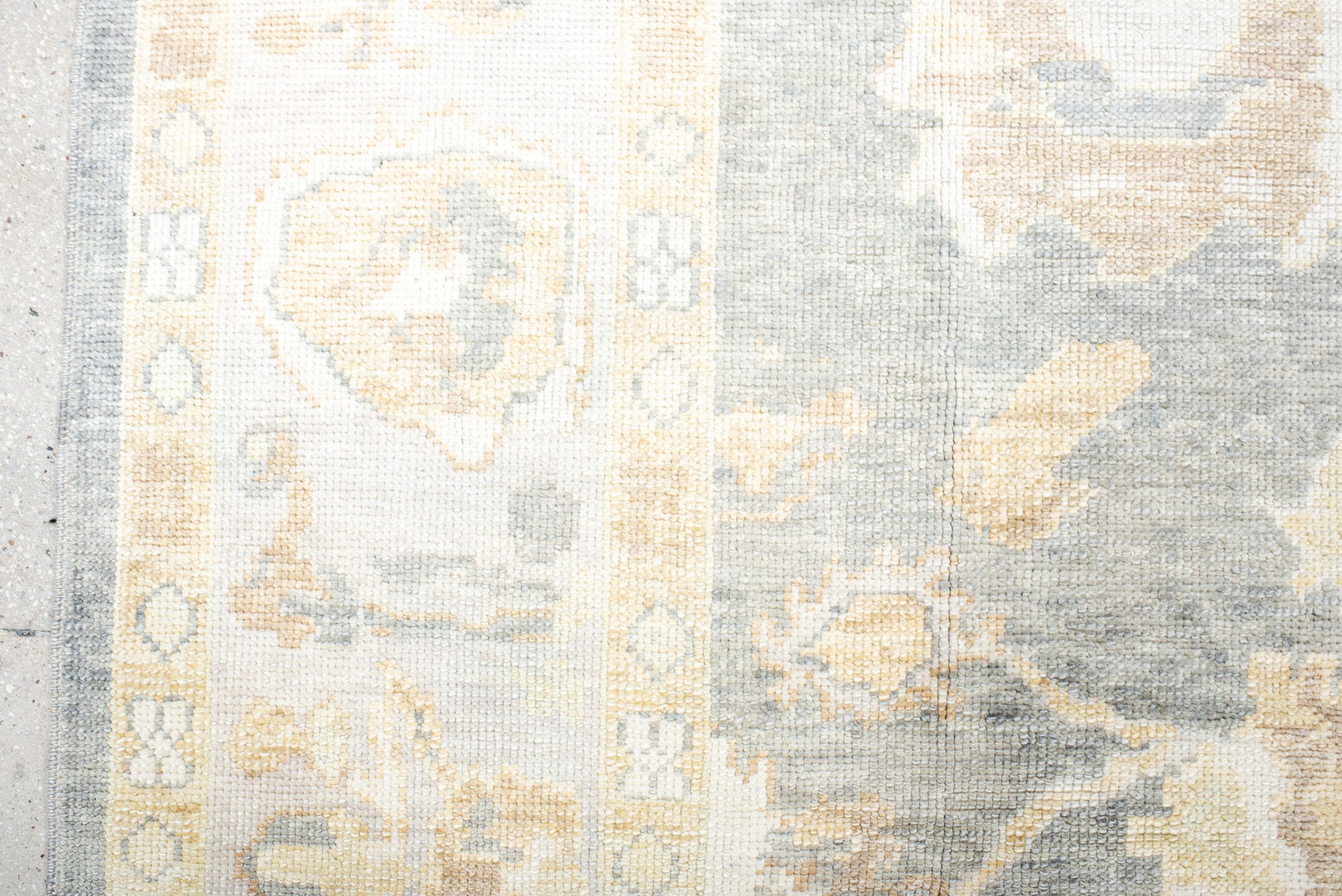 8' x 11' one-of-a-kind handmade vintage Oushak large size rug. Color palette: ivory, pale blue, cream, beige, taupe