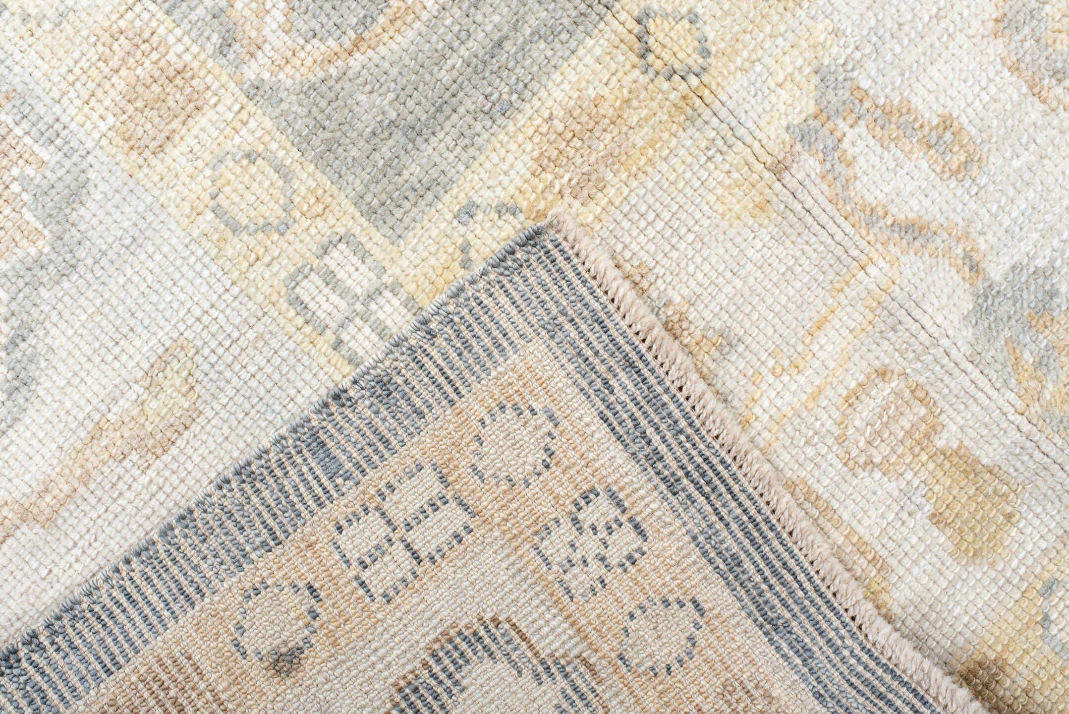 8' x 11' one-of-a-kind handmade vintage Oushak large size rug. Color palette: ivory, pale blue, cream, beige, taupe
