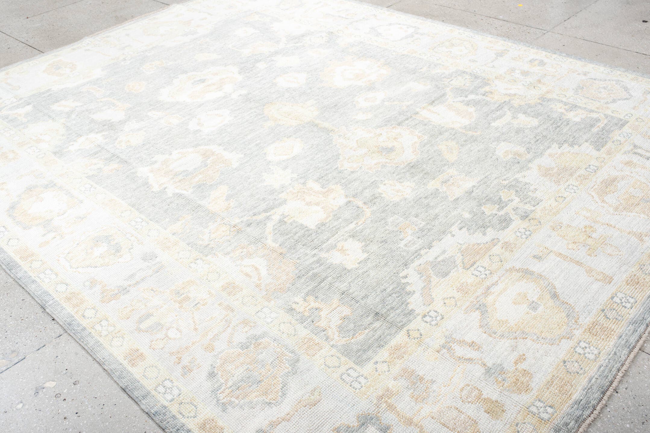 8' x 11' one-of-a-kind handmade vintage Oushak large size rug. Color palette: ivory, pale blue, cream, beige, taupe