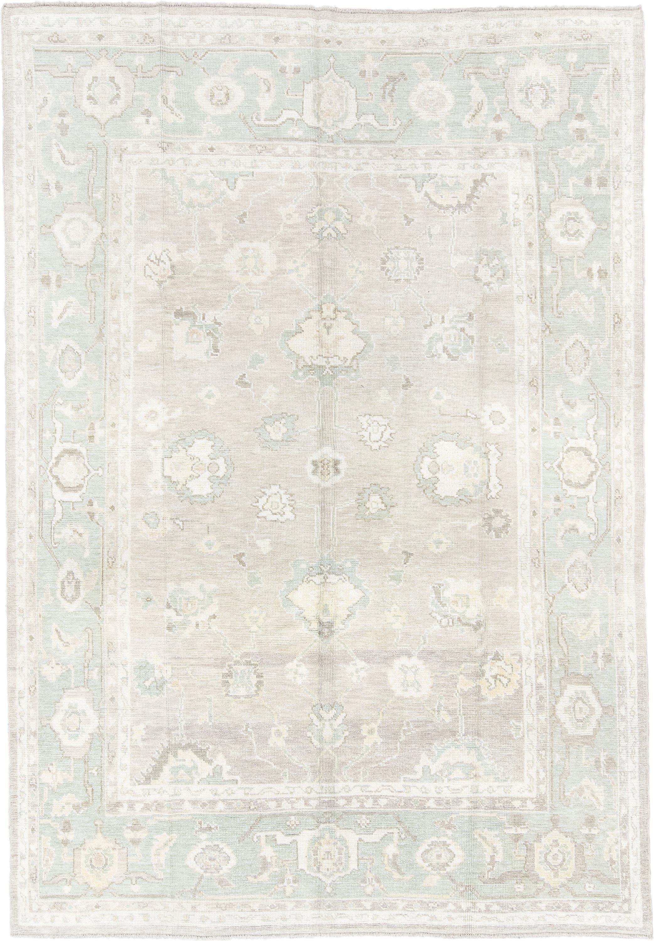 8' x 11' one-of-a-kind handmade vintage Oushak large size rug. Color palette: ivory, pale aqua, taupe, cream, sage, beige