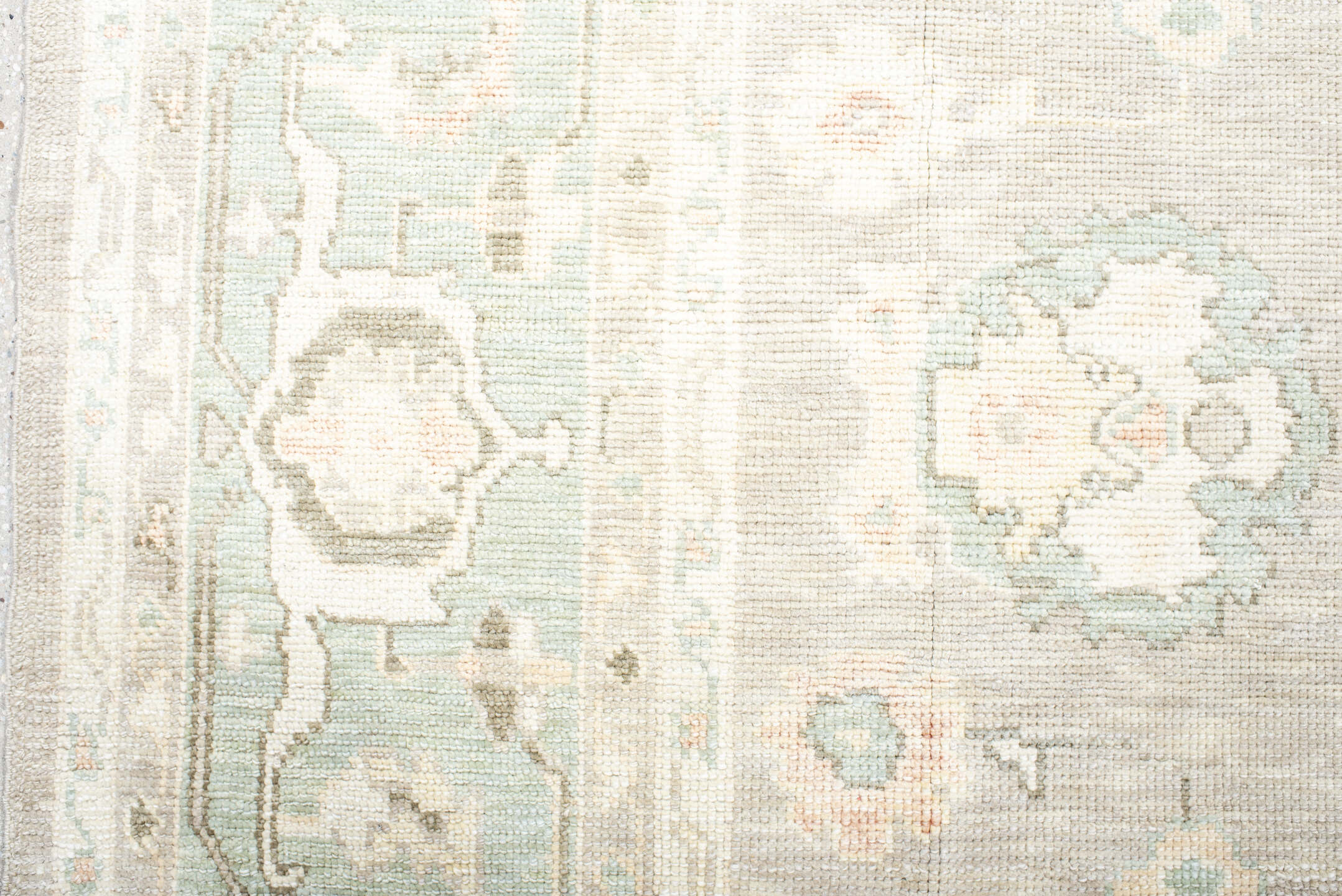 8' x 11' one-of-a-kind handmade vintage Oushak large size rug. Color palette: ivory, pale aqua, taupe, cream, sage, beige