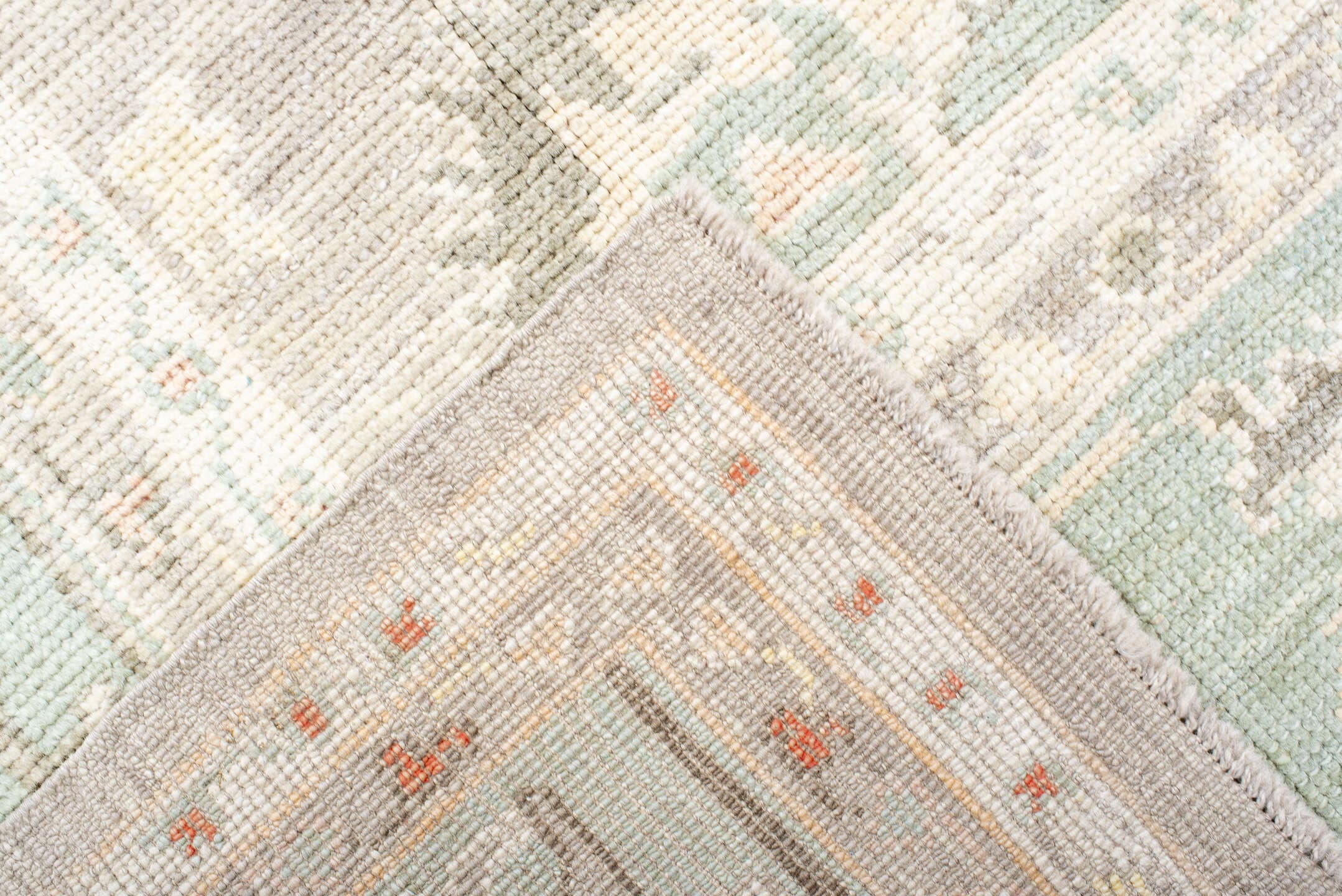 8' x 11' one-of-a-kind handmade vintage Oushak large size rug. Color palette: ivory, pale aqua, taupe, cream, sage, beige
