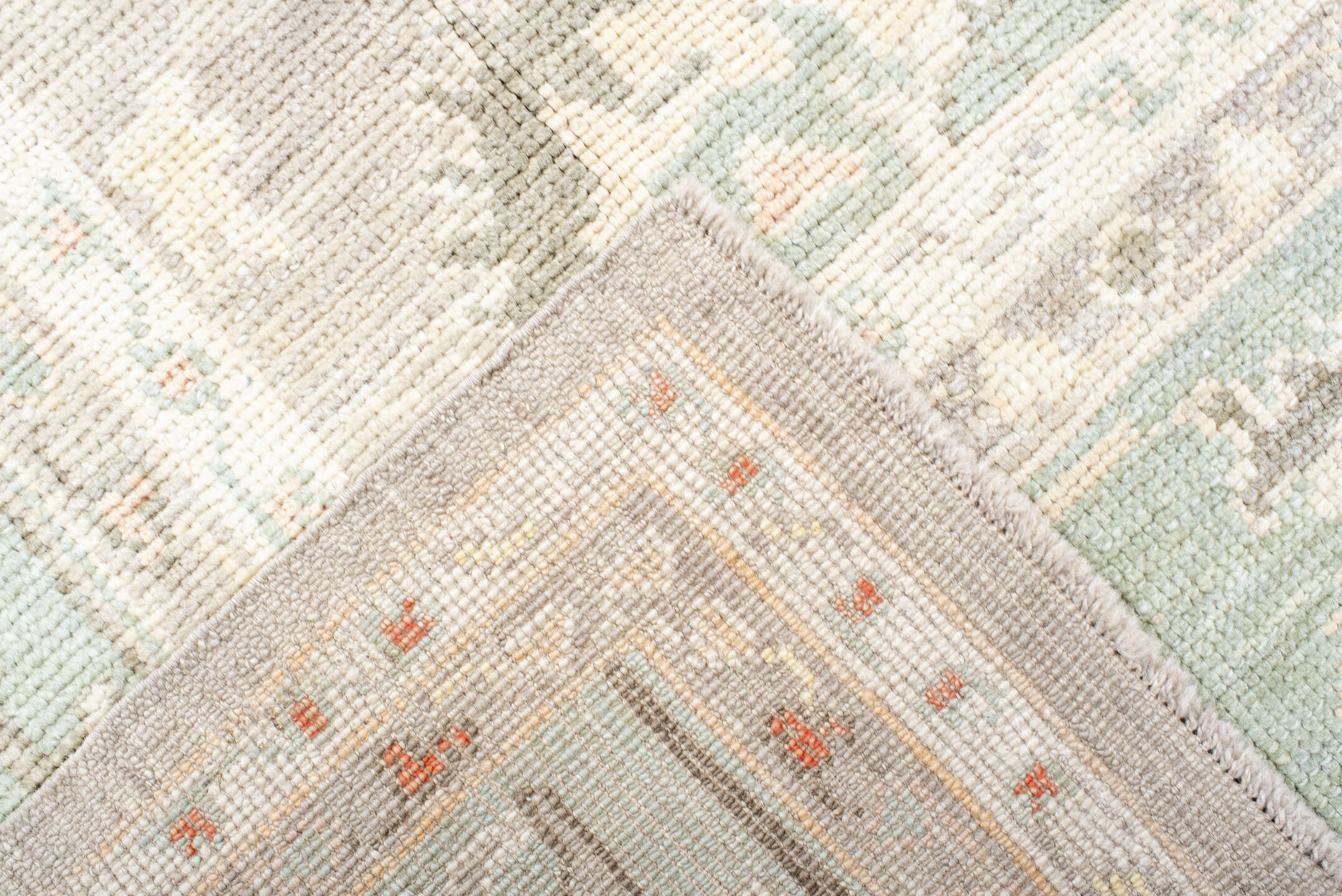 8' x 11' one-of-a-kind handmade vintage Oushak large size rug. Color palette: ivory, pale aqua, taupe, cream, sage, beige