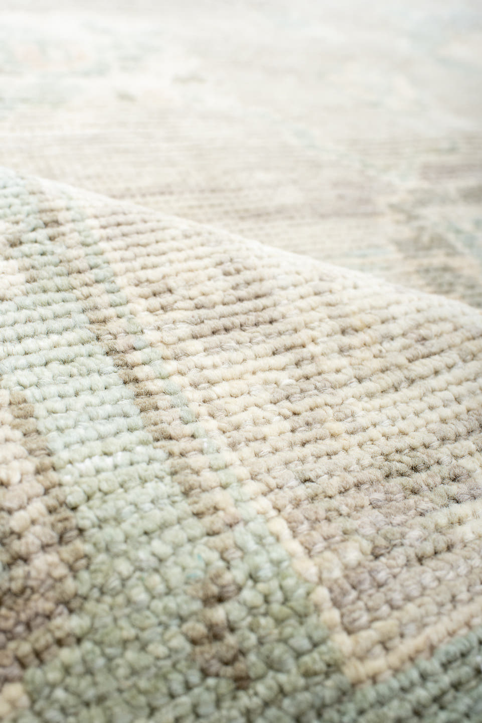 8' x 11' one-of-a-kind handmade vintage Oushak large size rug. Color palette: ivory, pale aqua, taupe, cream, sage, beige
