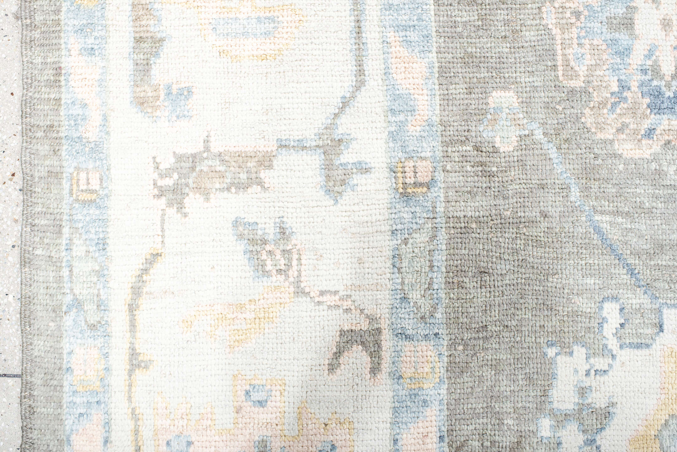 13' x 20' one-of-a-kind handmade vintage Oushak oversize rug. Color palette: gray, ivory, sky_blue, taupe, soft_gold, cream