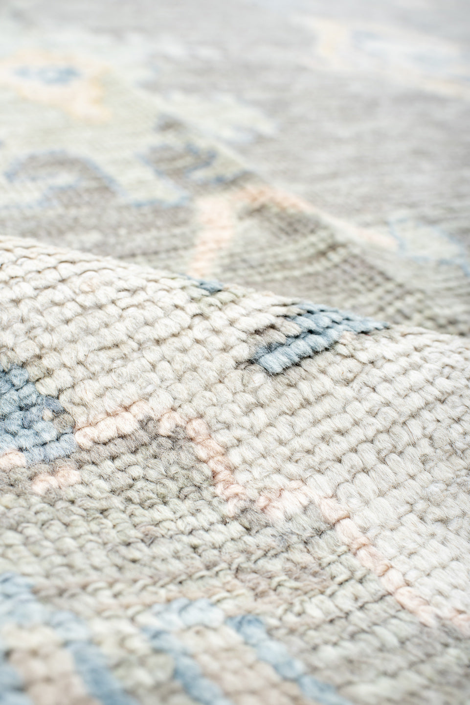 13' x 20' one-of-a-kind handmade vintage Oushak oversize rug. Color palette: gray, ivory, sky_blue, taupe, soft_gold, cream