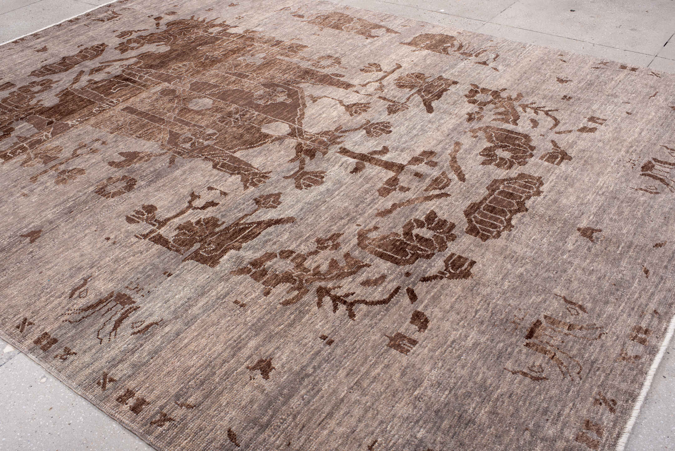 9' x 12' one-of-a-kind handmade vintage Moroccan large size rug. Color palette: brown, gray, light gray, off-white, pink