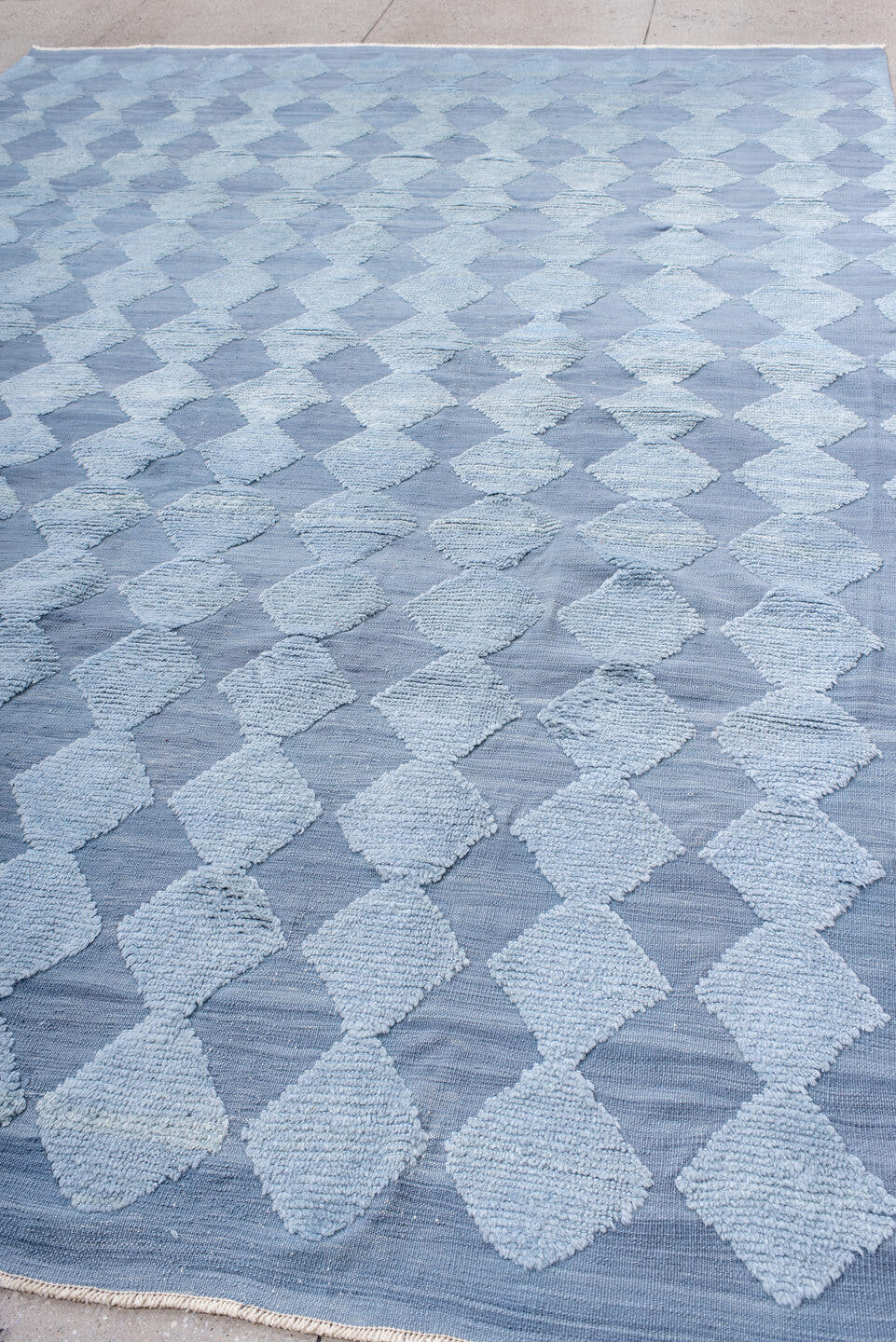 9' x 12' one-of-a-kind handmade vintage Tulu large size rug. Color palette: powder blue, sky blue, ice blue, light blue