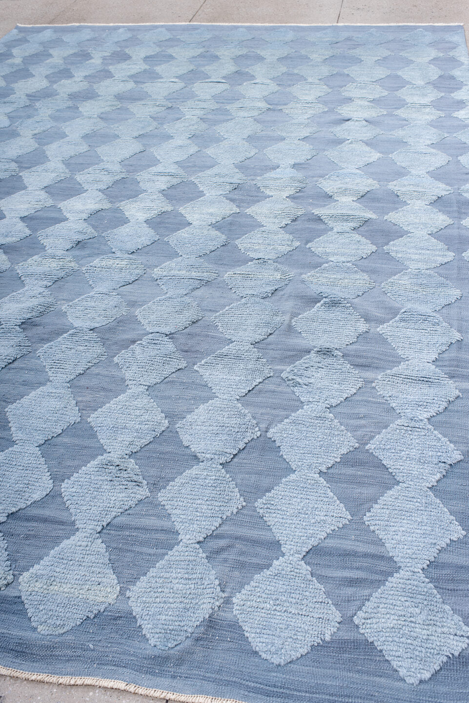 9' x 12' one-of-a-kind handmade vintage Tulu large size rug. Color palette: blue, gray, light blue, light gray