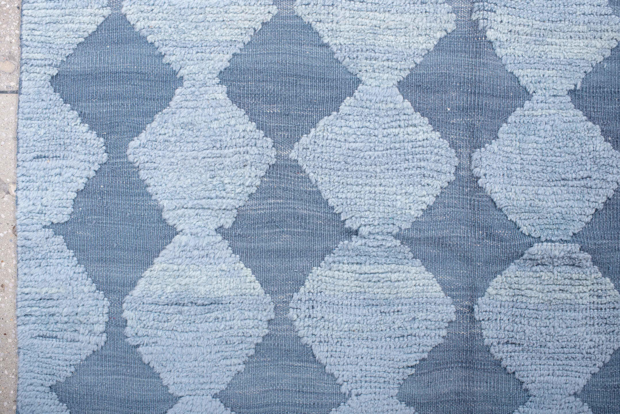 9' x 12' one-of-a-kind handmade vintage Tulu large size rug. Color palette: blue, gray, light blue, light gray