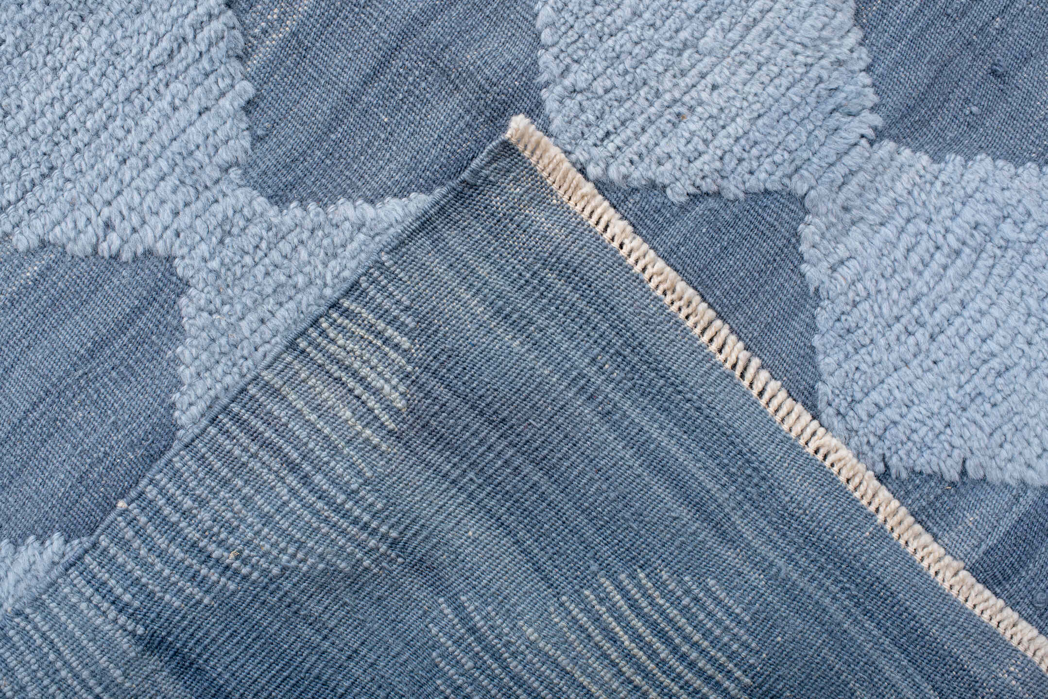 9' x 12' one-of-a-kind handmade vintage Tulu large size rug. Color palette: blue, gray, light blue, light gray