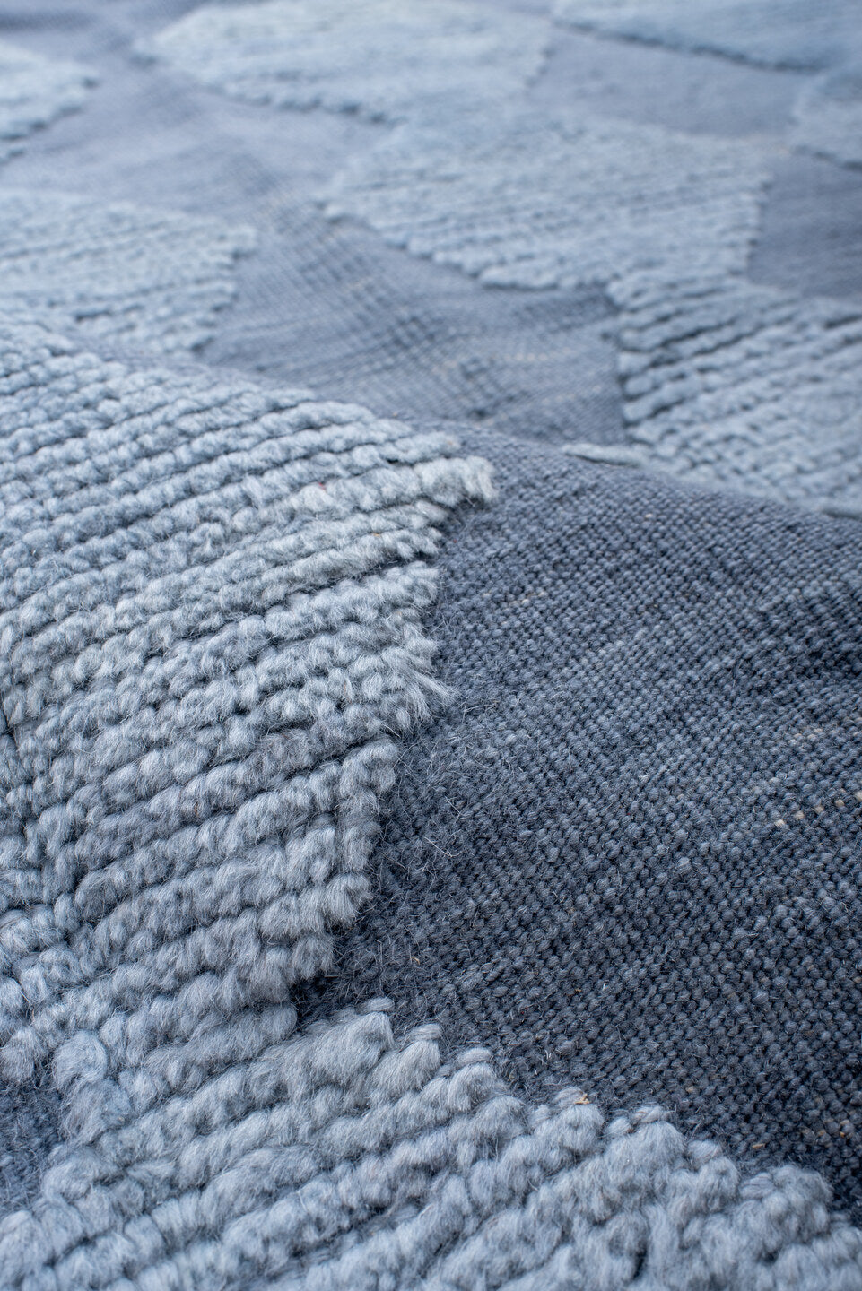 9' x 12' one-of-a-kind handmade vintage Tulu large size rug. Color palette: blue, gray, light blue, light gray