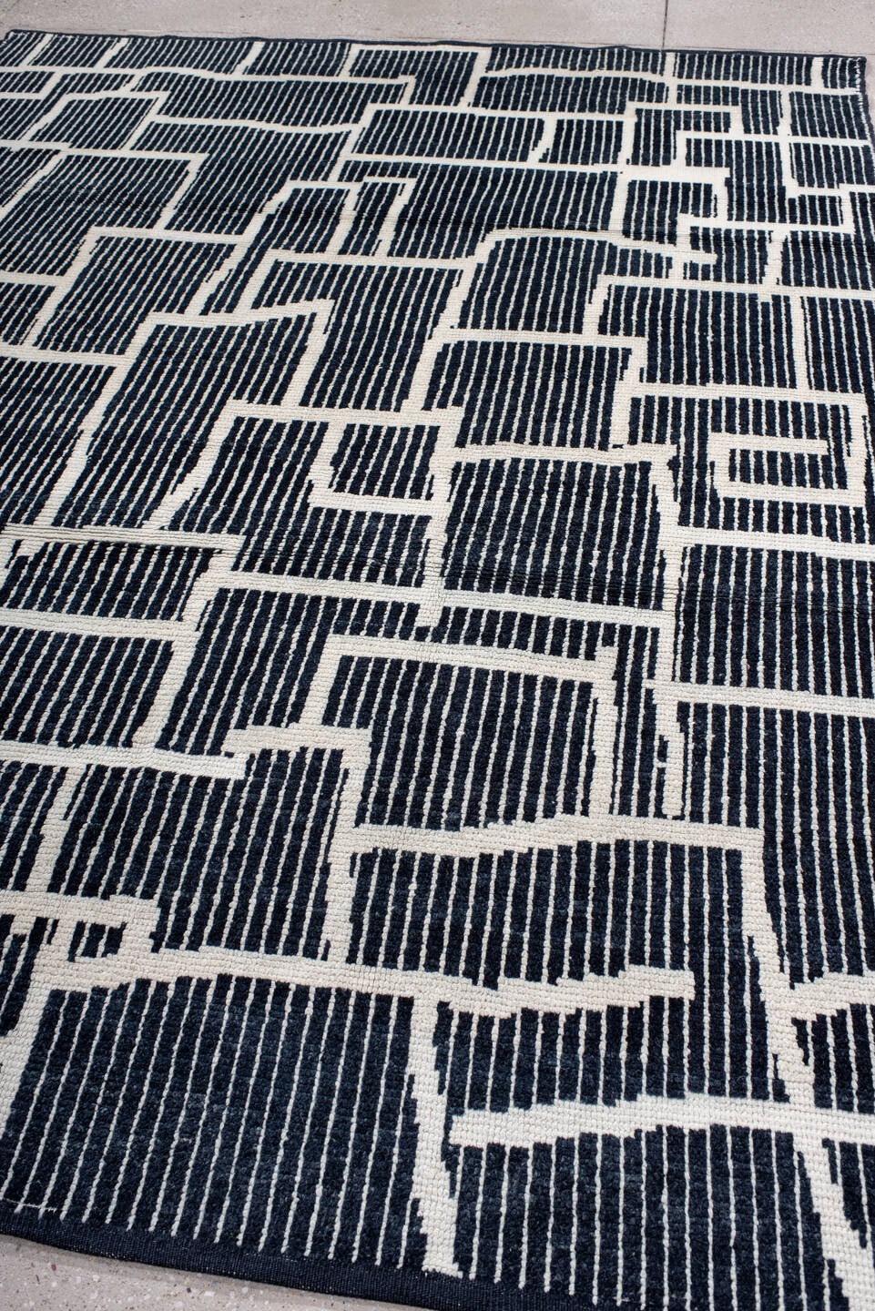 7' x 10' one-of-a-kind handmade vintage Tulu large size rug. Color palette: navy, ivory, blue
