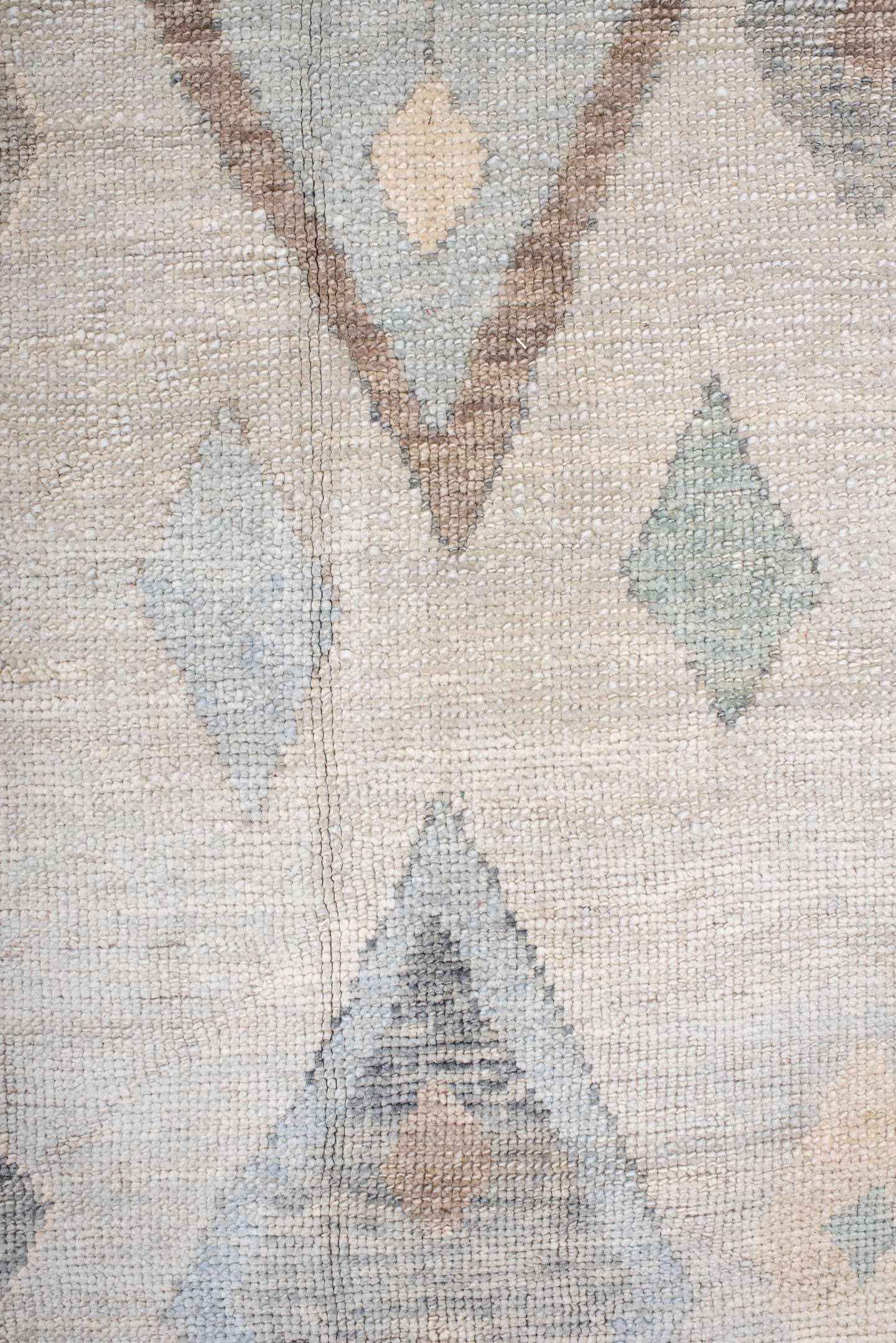 7' x 10' one-of-a-kind handmade vintage Oushak large size rug. Color palette: ivory, pale blue, taupe, cream, sage, camel