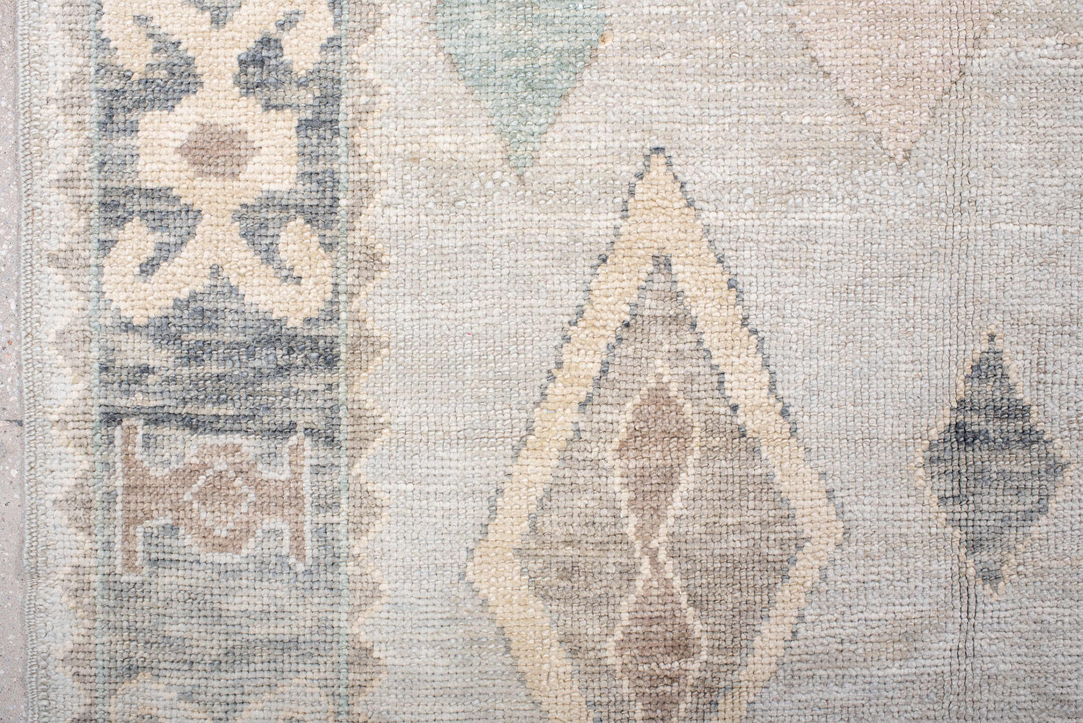 7' x 10' one-of-a-kind handmade vintage Oushak large size rug. Color palette: ivory, pale blue, taupe, cream, sage, camel