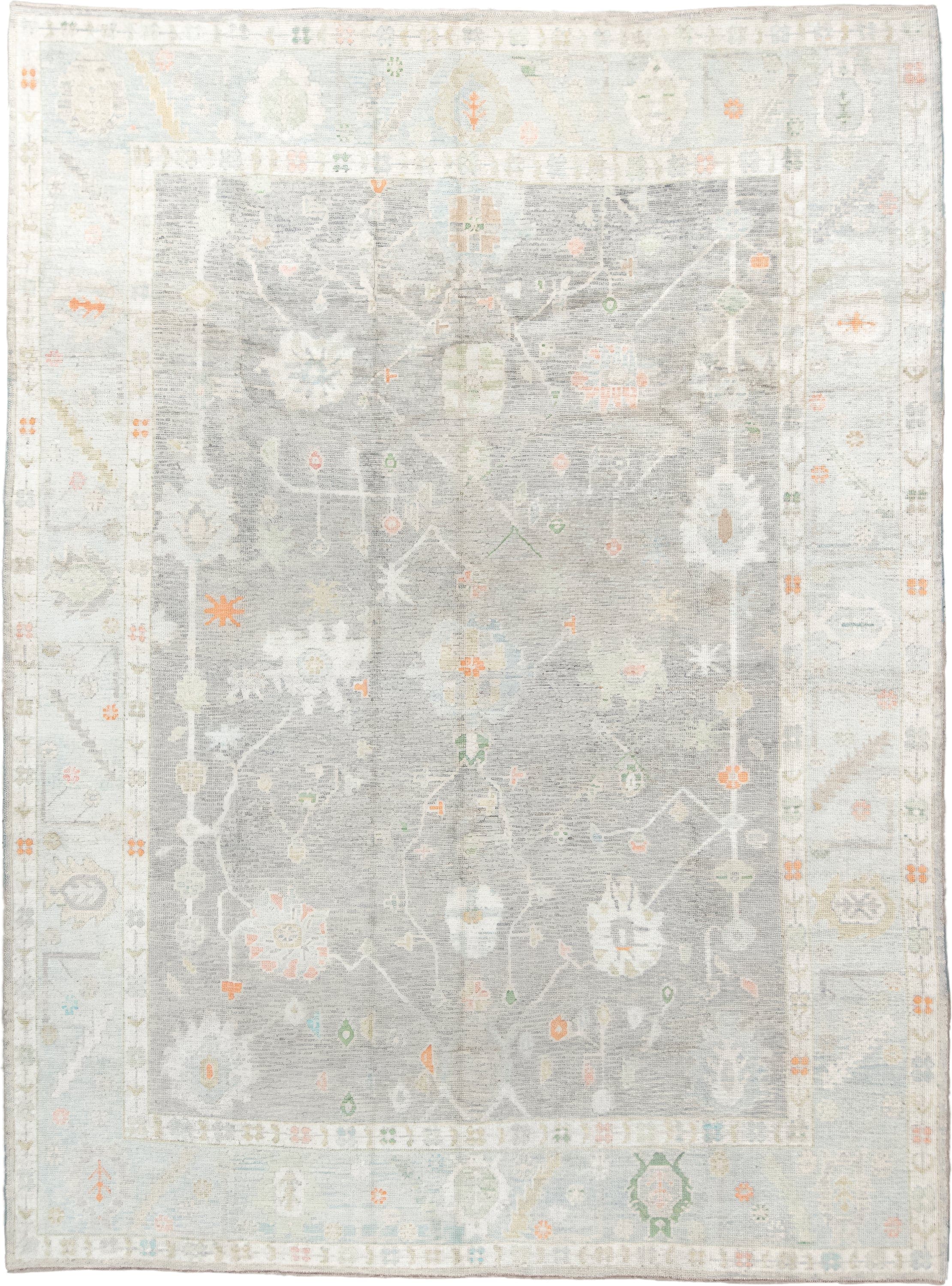 9' x 12' one-of-a-kind handmade vintage Oushak large size rug. Color palette: light gray, ivory, pale blue, sage, soft peach