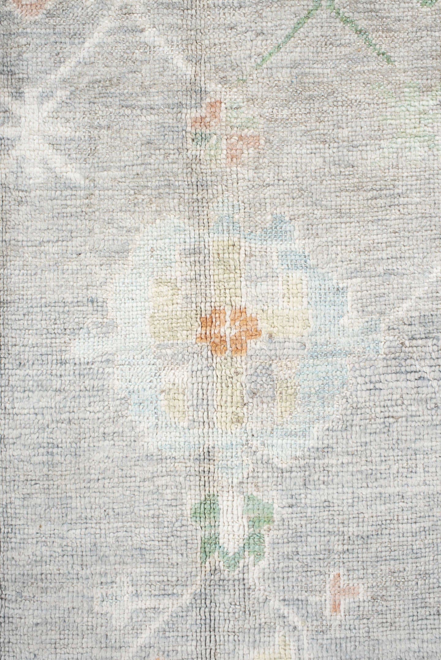 9' x 12' one-of-a-kind handmade vintage Oushak large size rug. Color palette: light gray, ivory, pale blue, sage, soft peach