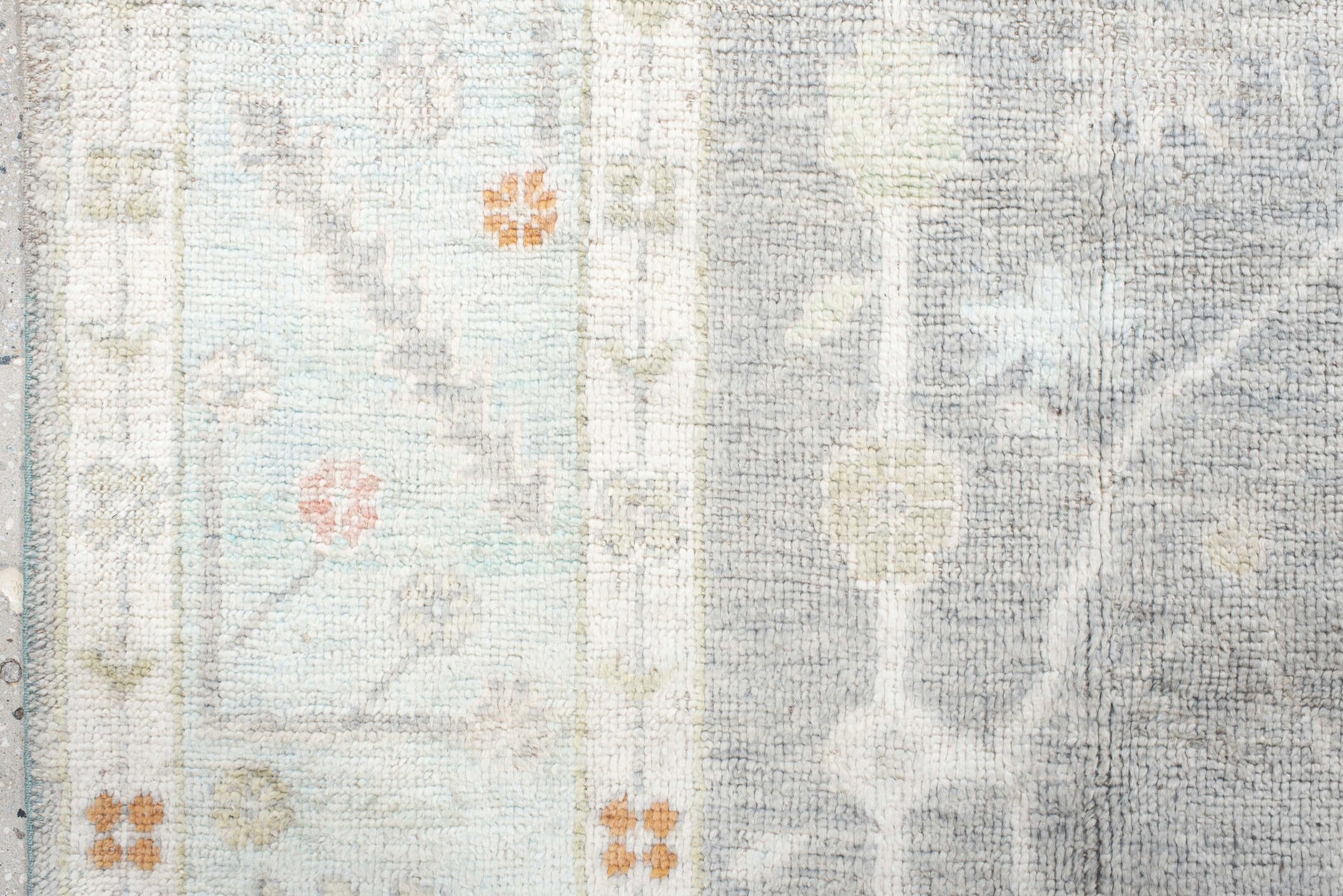 9' x 12' one-of-a-kind handmade vintage Oushak large size rug. Color palette: light gray, ivory, pale blue, sage, soft peach