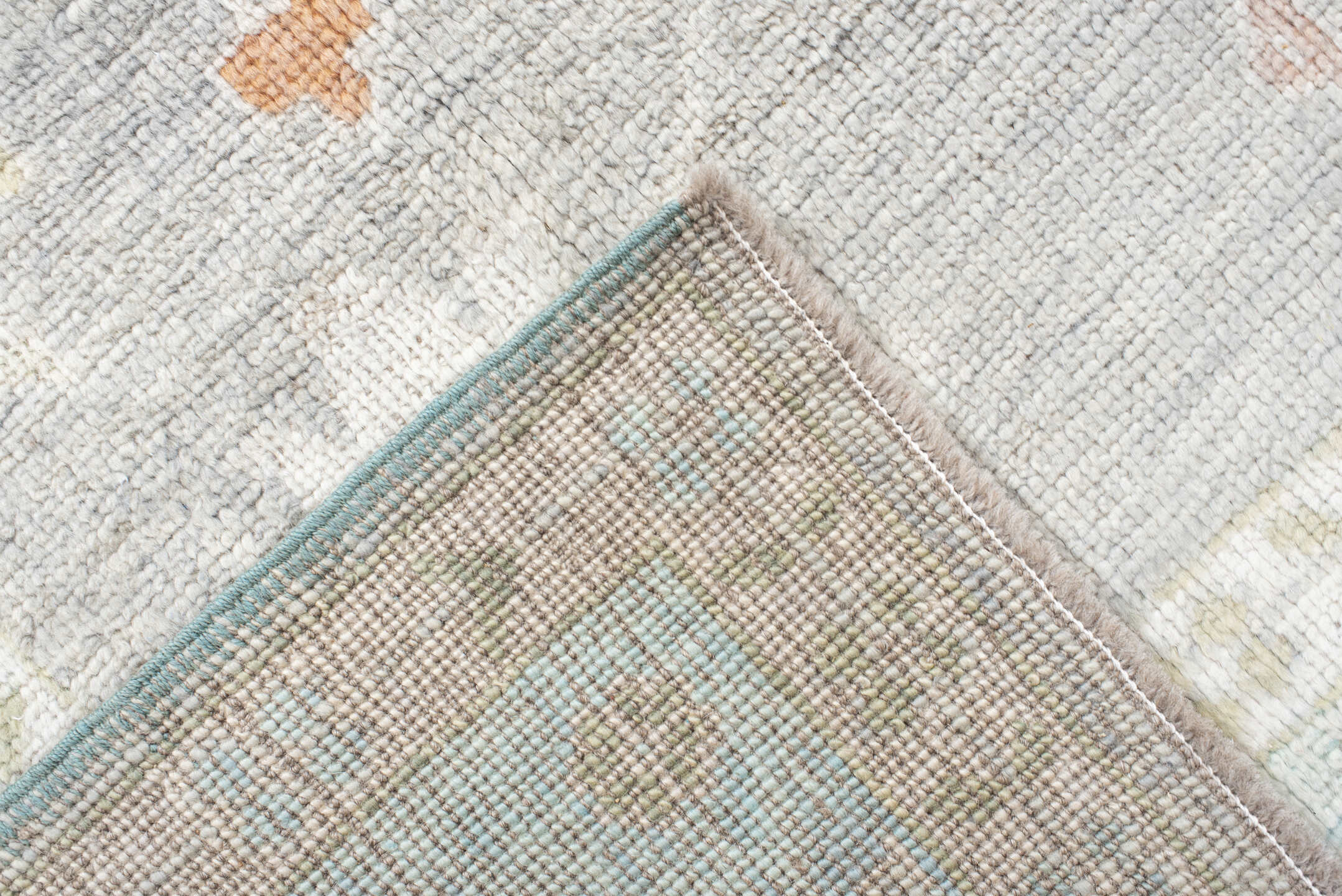 9' x 12' one-of-a-kind handmade vintage Oushak large size rug. Color palette: light gray, ivory, pale blue, sage, soft peach