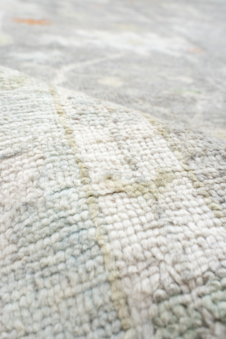 9' x 12' one-of-a-kind handmade vintage Oushak large size rug. Color palette: light gray, ivory, pale blue, sage, soft peach