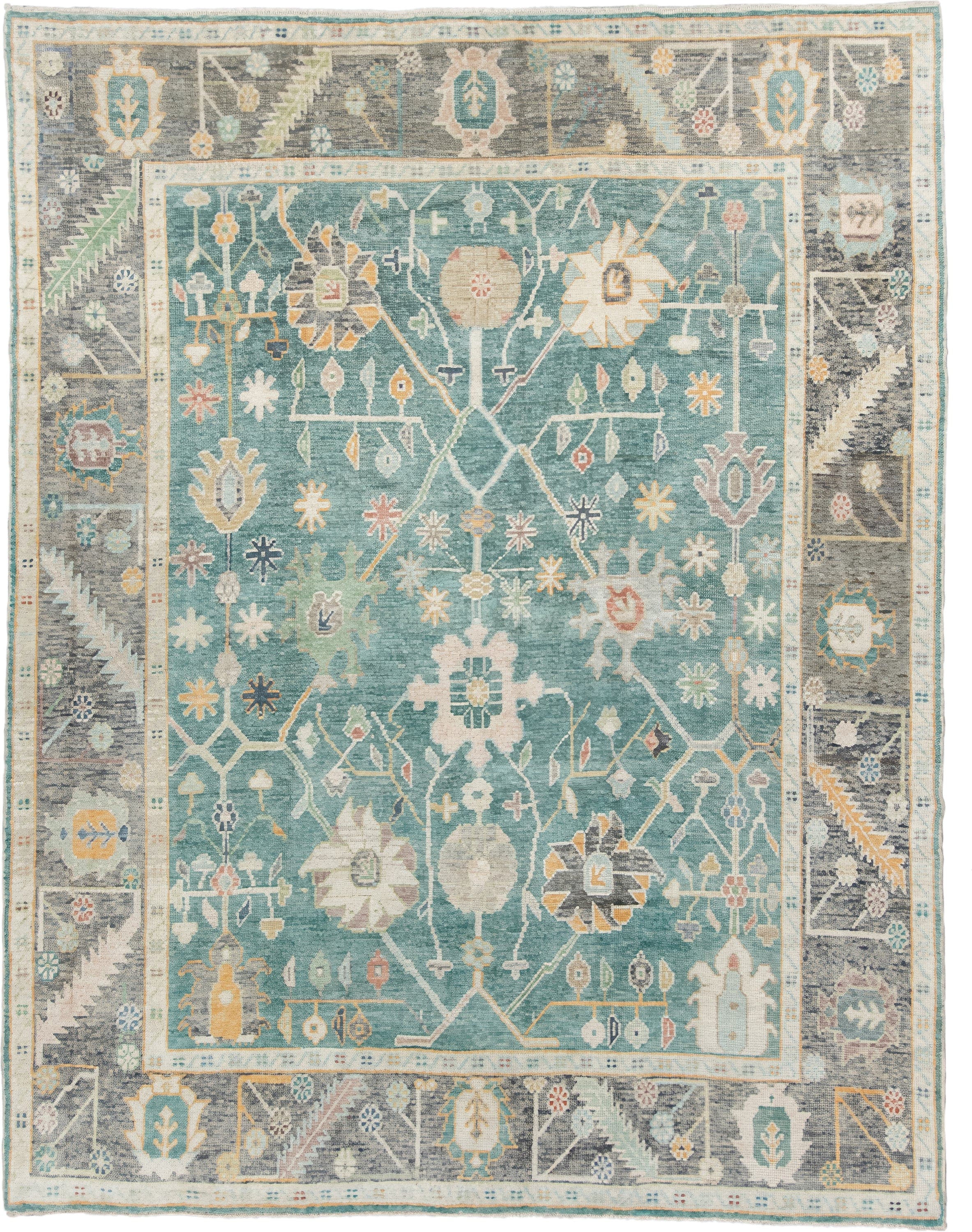 8' x 10' one-of-a-kind handmade vintage Oushak large size rug. Color palette: aqua, gray, ivory, gold, sage, blush, taupe