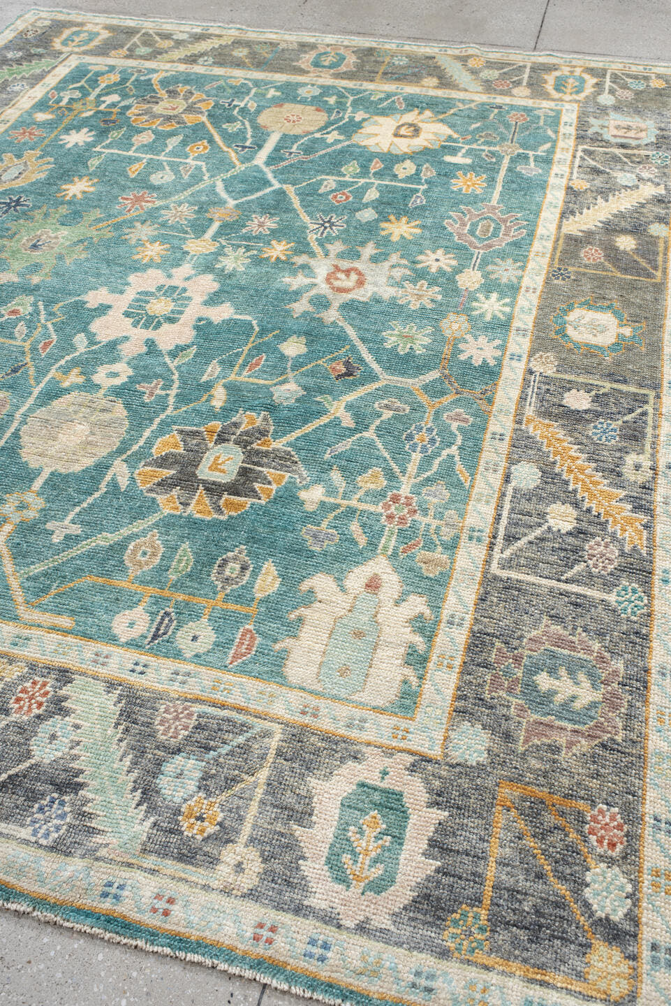 8' x 10' one-of-a-kind handmade vintage Oushak large size rug. Color palette: aqua, gray, ivory, gold, sage, blush, taupe