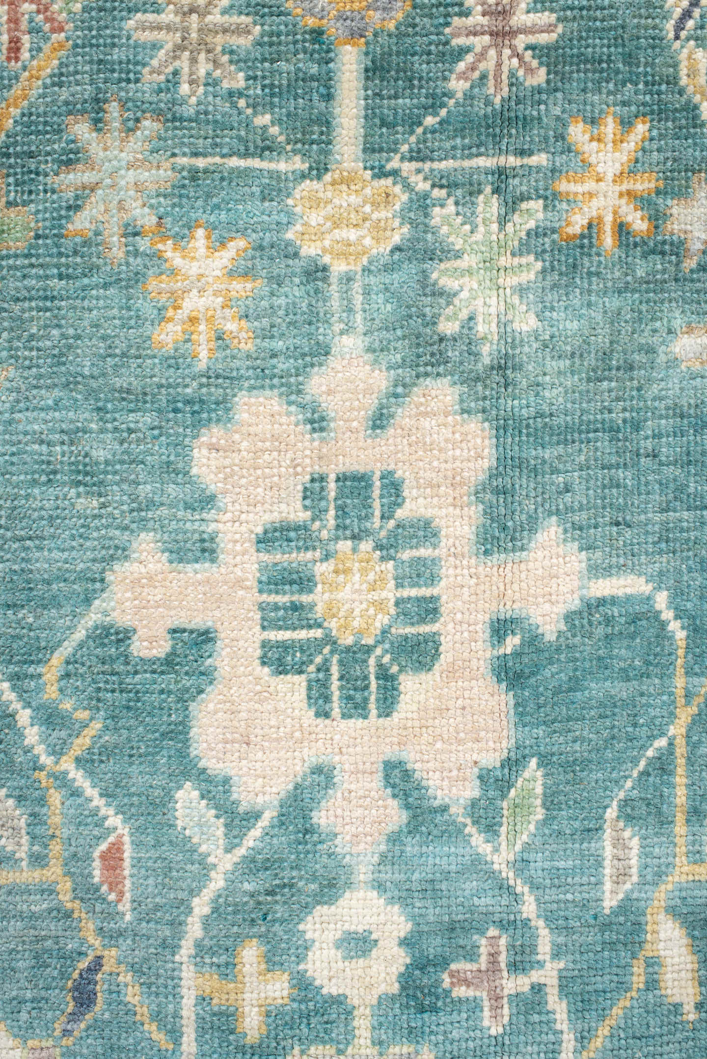 8' x 10' one-of-a-kind handmade vintage Oushak large size rug. Color palette: aqua, gray, ivory, gold, sage, blush, taupe