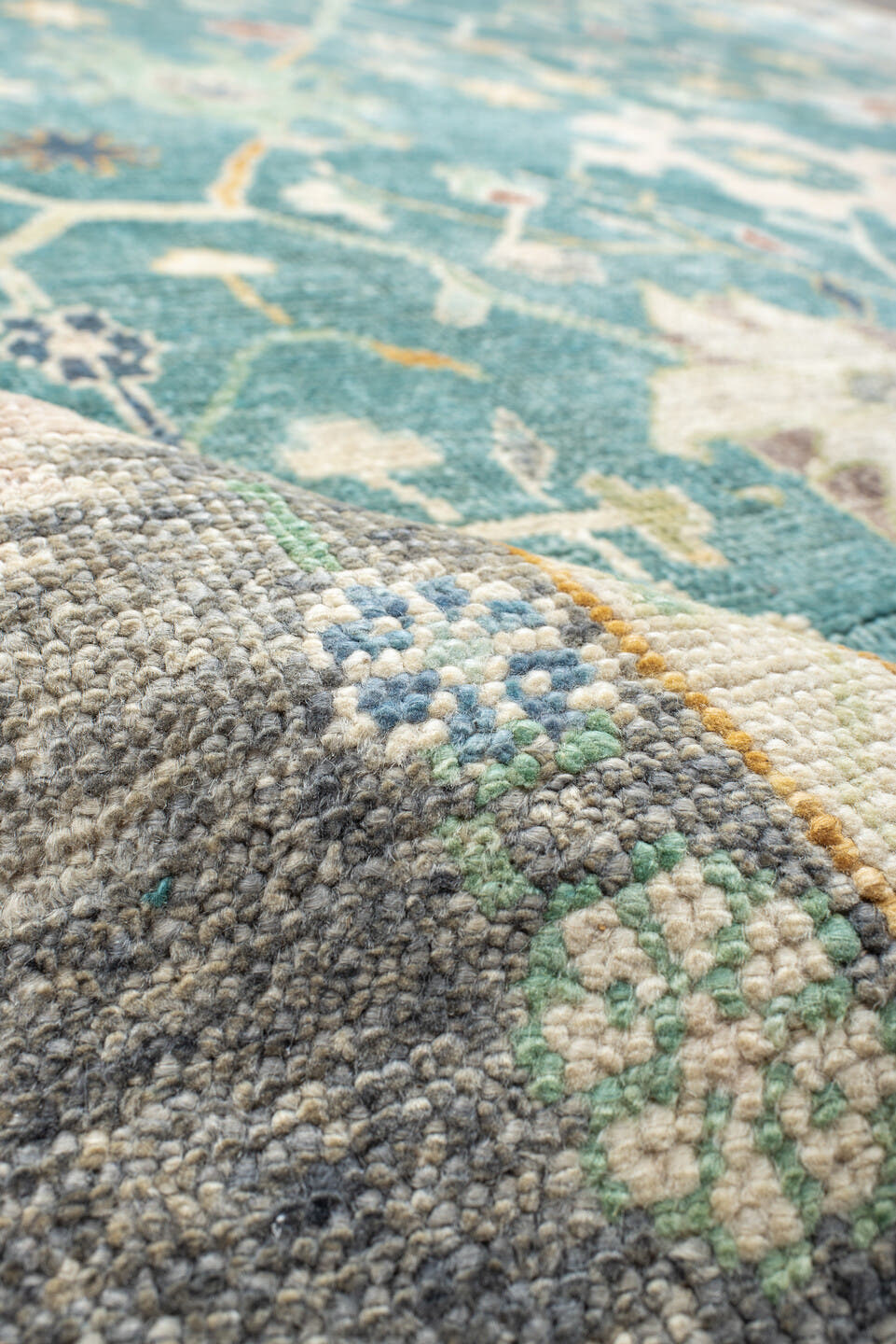 8' x 10' one-of-a-kind handmade vintage Oushak large size rug. Color palette: aqua, gray, ivory, gold, sage, blush, taupe