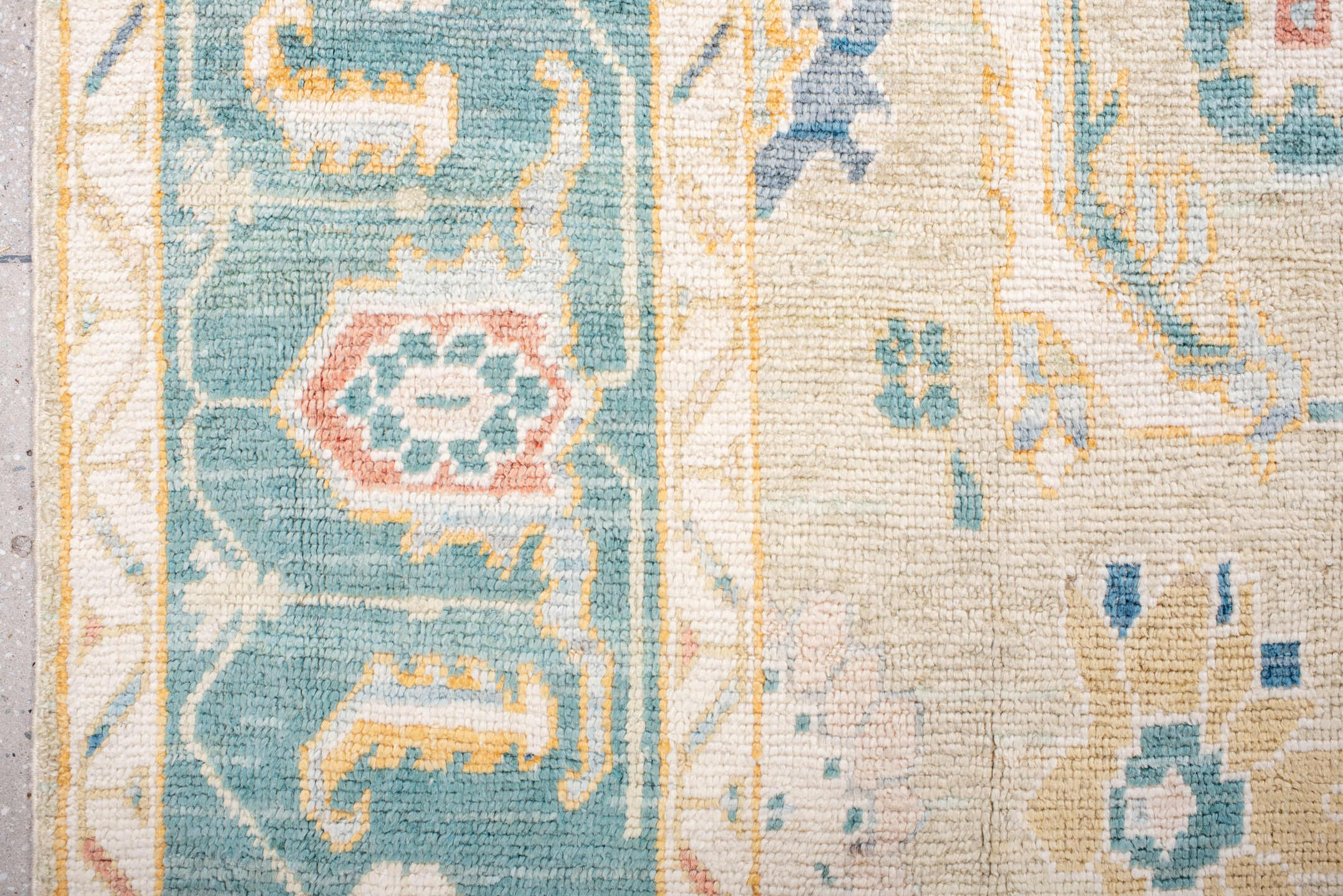 8' x 12' one-of-a-kind handmade vintage Oushak large size rug. Color palette: antiquewhite, blue, brown, dark gray