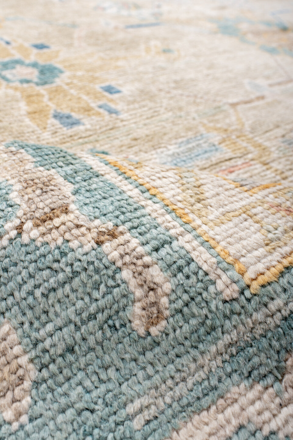 8' x 12' one-of-a-kind handmade vintage Oushak large size rug. Color palette: antiquewhite, blue, brown, dark gray