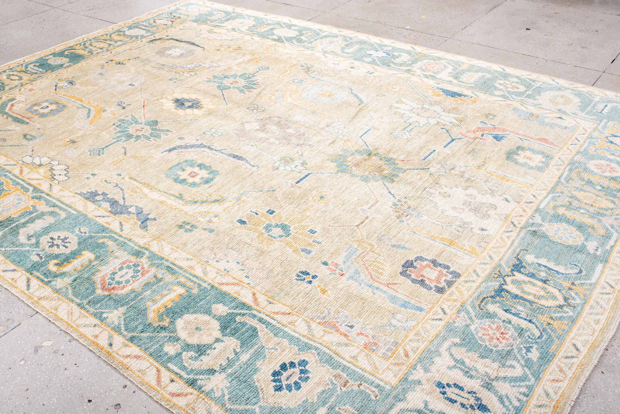 8' x 12' one-of-a-kind handmade vintage Oushak large size rug. Color palette: antiquewhite, blue, brown, dark gray