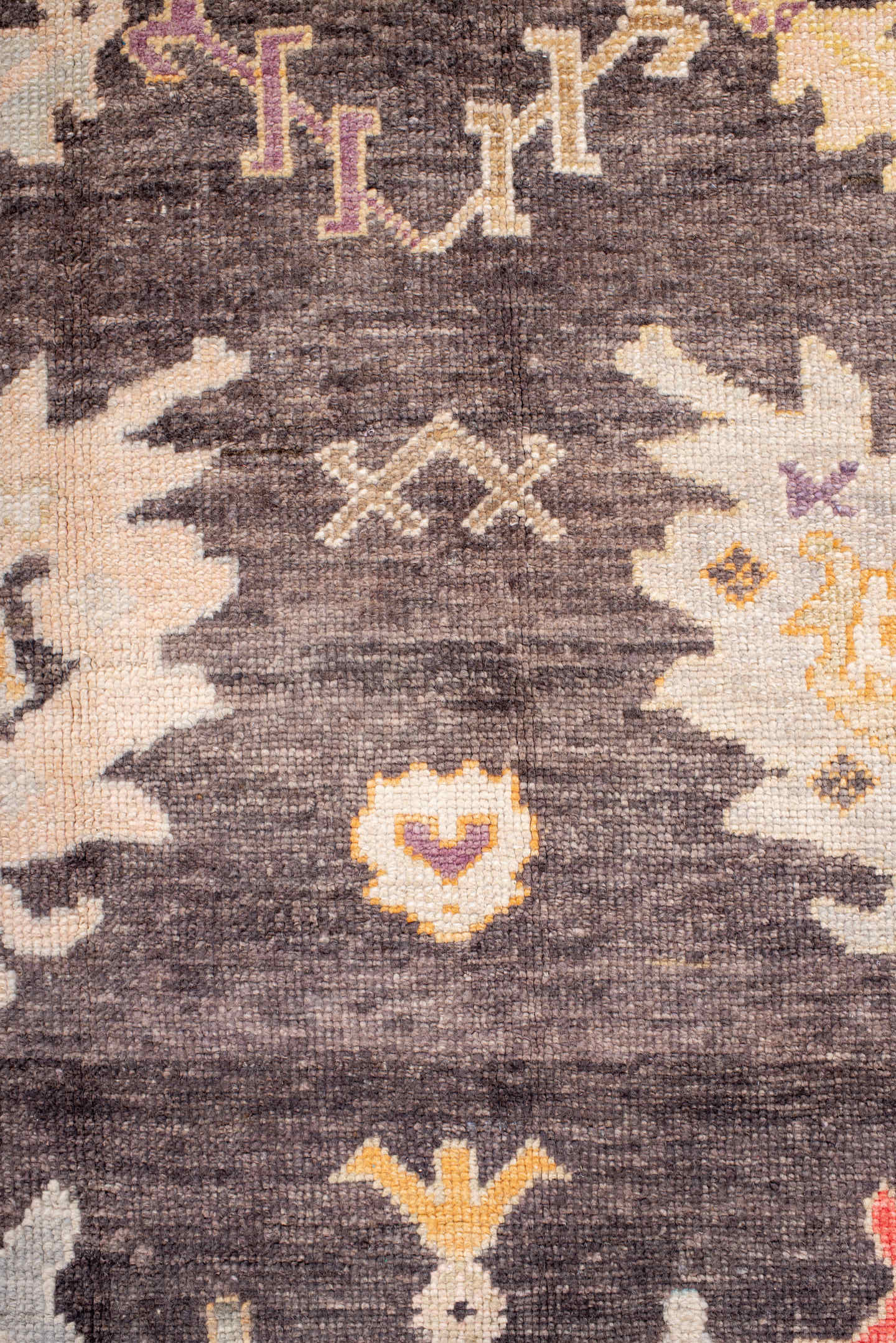 9' x 13' one-of-a-kind handmade vintage Oushak large size rug. Color palette: charcoal, ivory, taupe, blush, gold, lavender