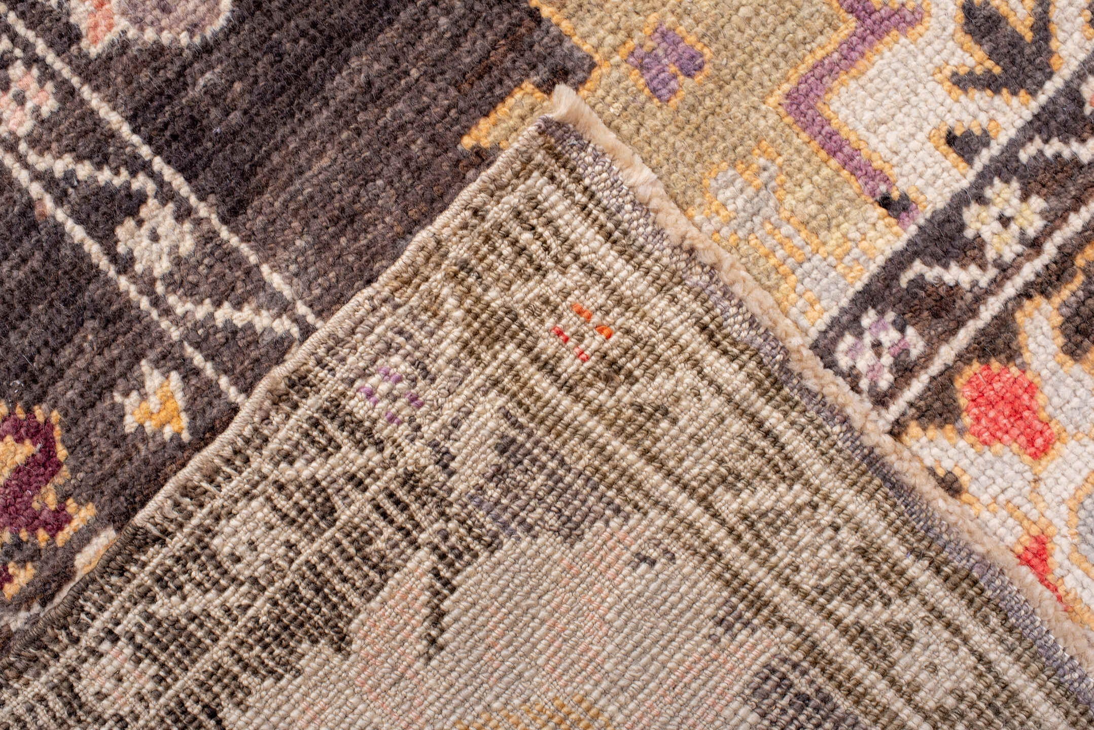 9' x 13' one-of-a-kind handmade vintage Oushak large size rug. Color palette: charcoal, ivory, taupe, blush, gold, lavender