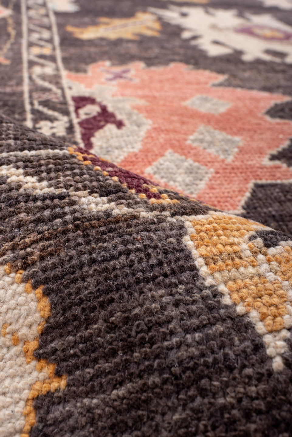 9' x 13' one-of-a-kind handmade vintage Oushak large size rug. Color palette: charcoal, ivory, taupe, blush, gold, lavender