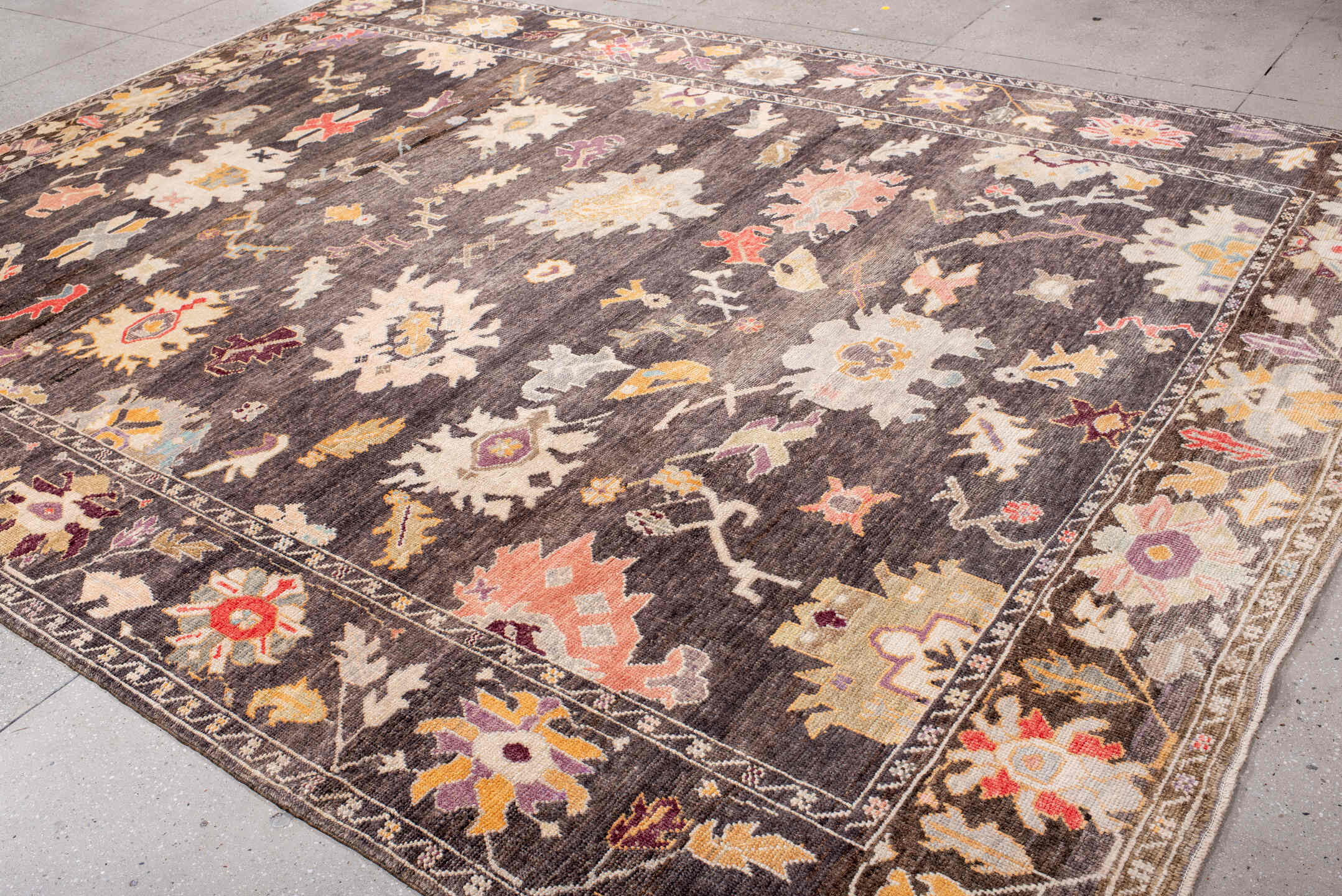 9' x 13' one-of-a-kind handmade vintage Oushak large size rug. Color palette: charcoal, ivory, taupe, blush, gold, lavender