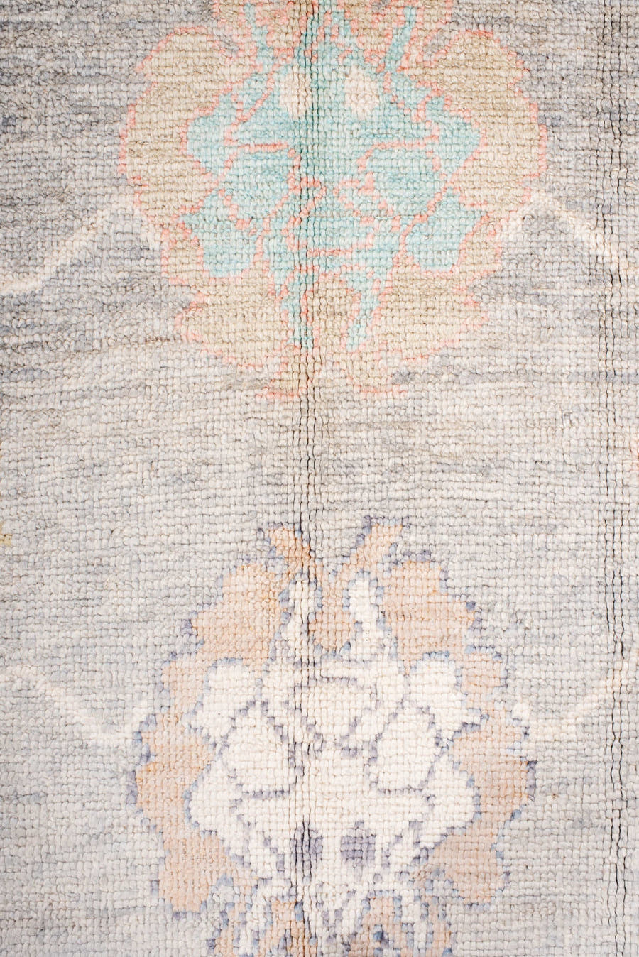 9' x 14' one-of-a-kind handmade vintage Oushak large size rug. Color palette: gray, ivory, blush, aqua, lavender, gold