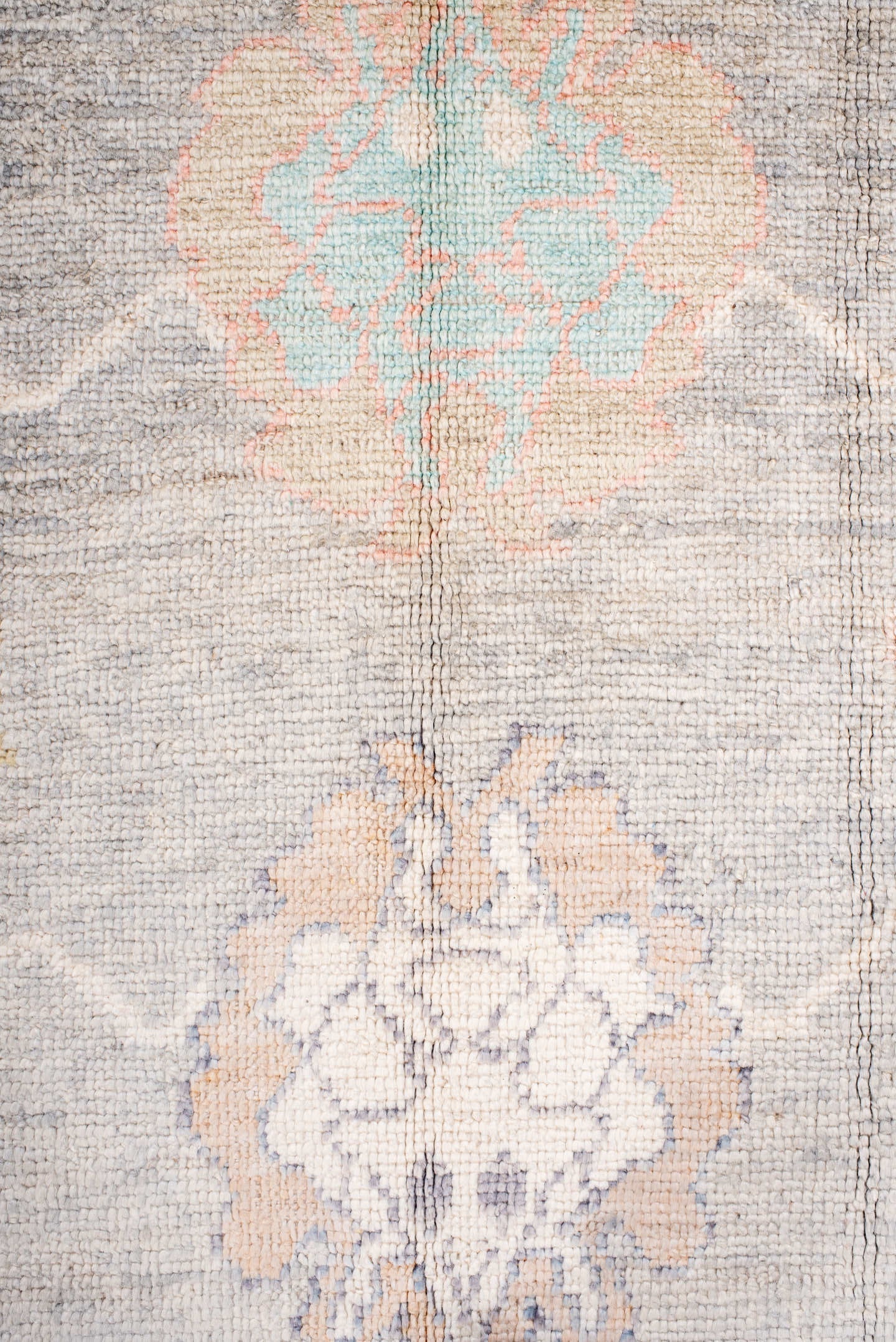 9' x 14' one-of-a-kind handmade vintage Oushak large size rug. Color palette: gray, ivory, blush, aqua, lavender, gold