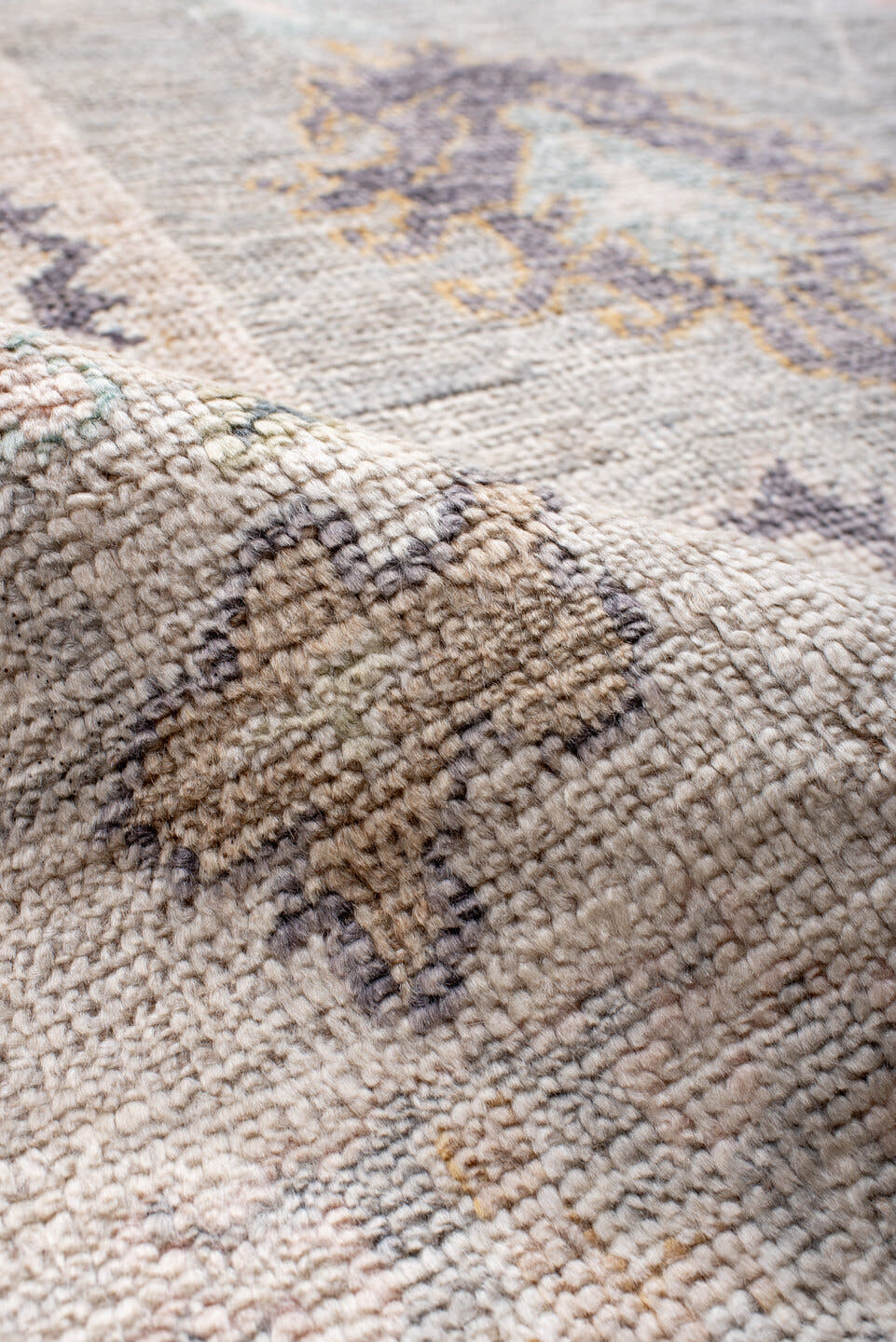 9' x 14' one-of-a-kind handmade vintage Oushak large size rug. Color palette: gray, ivory, blush, aqua, lavender, gold